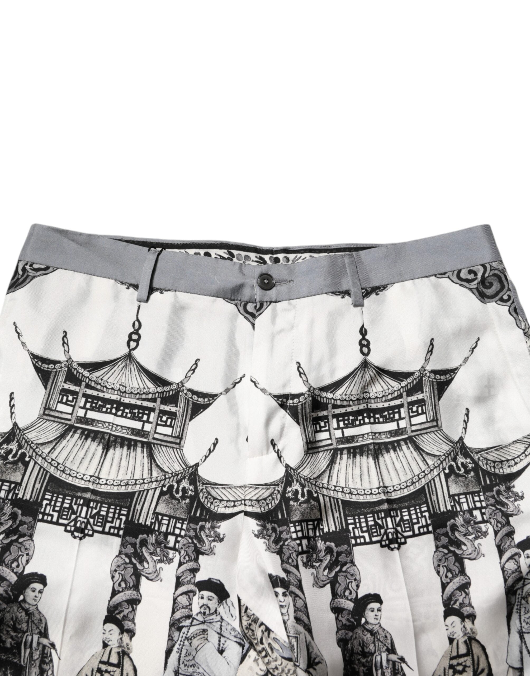 White Japanese Asian Print Silk Bermuda Shorts