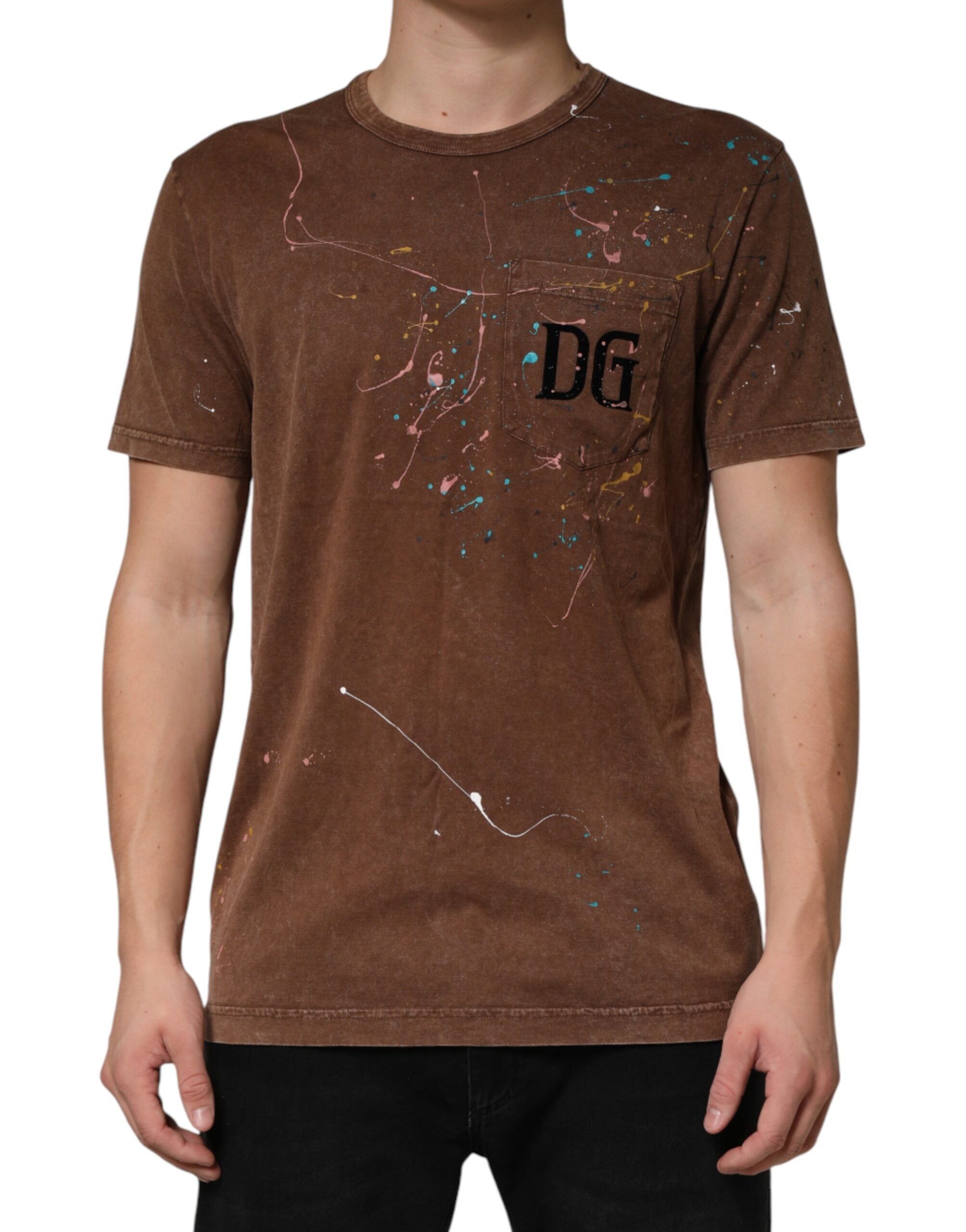 Brown Splash Color Cotton Crew Neck T-shirt