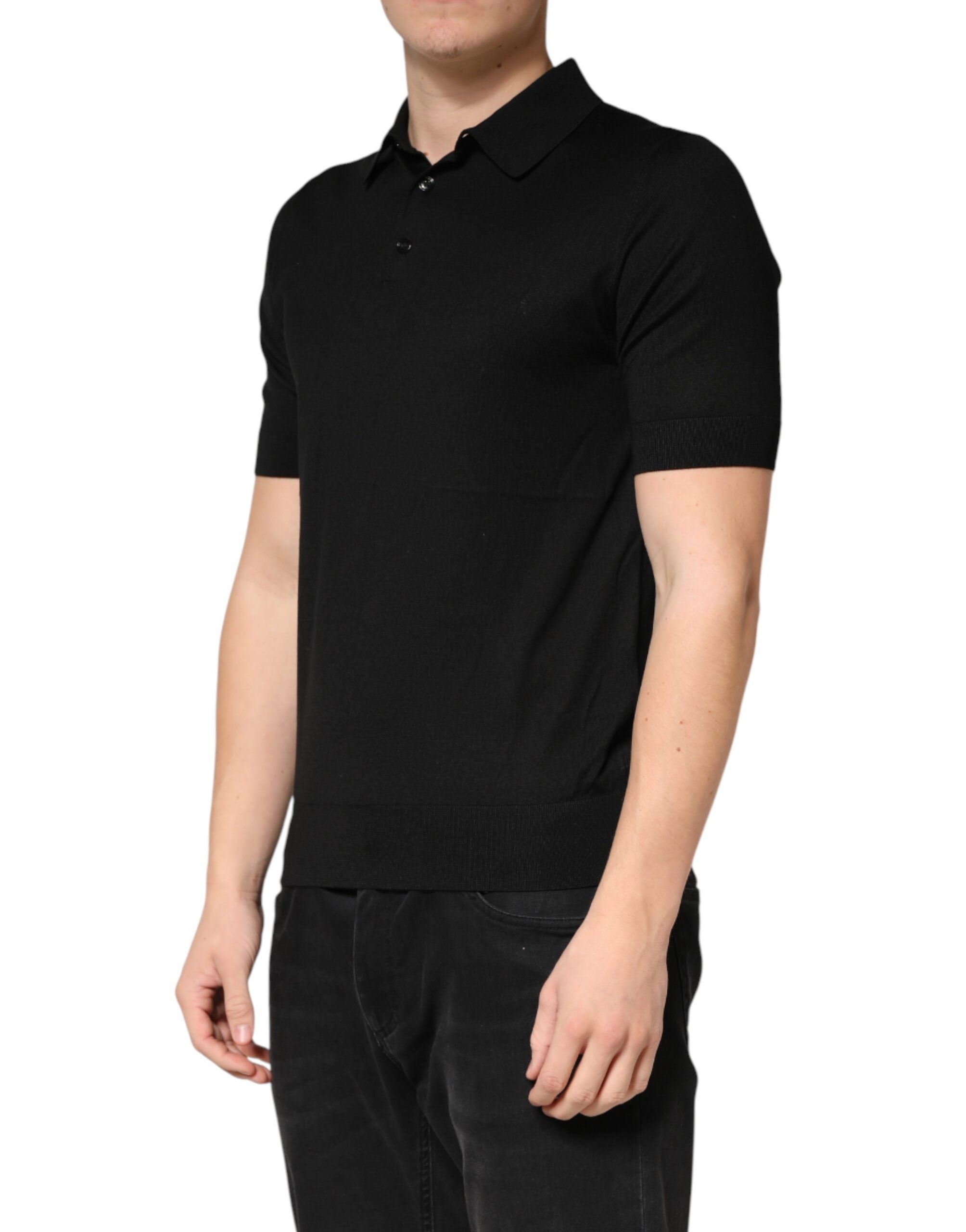 Black Silk Collared Short Sleeve Polo T-shirt