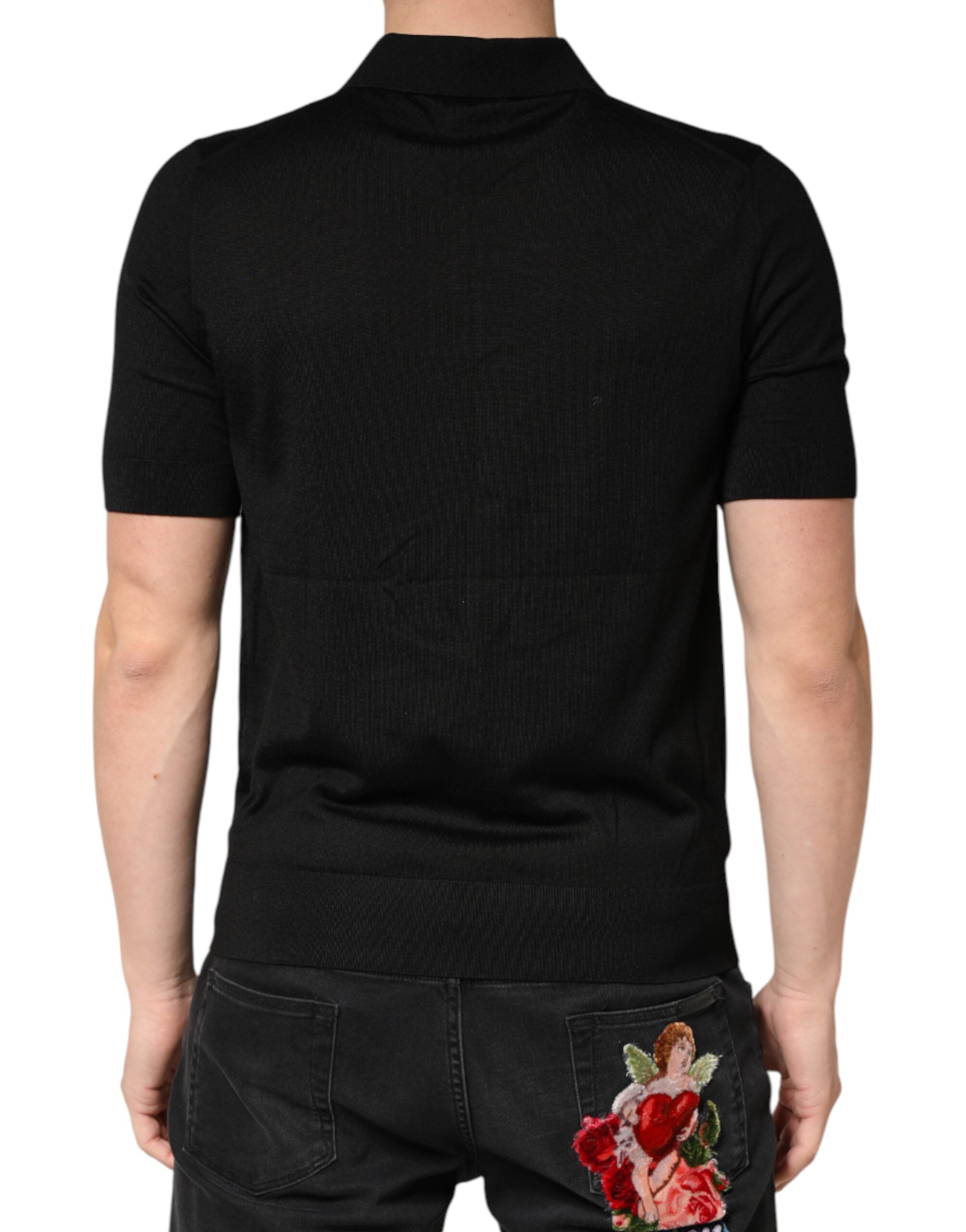 Black Silk Collared Short Sleeve Polo T-shirt
