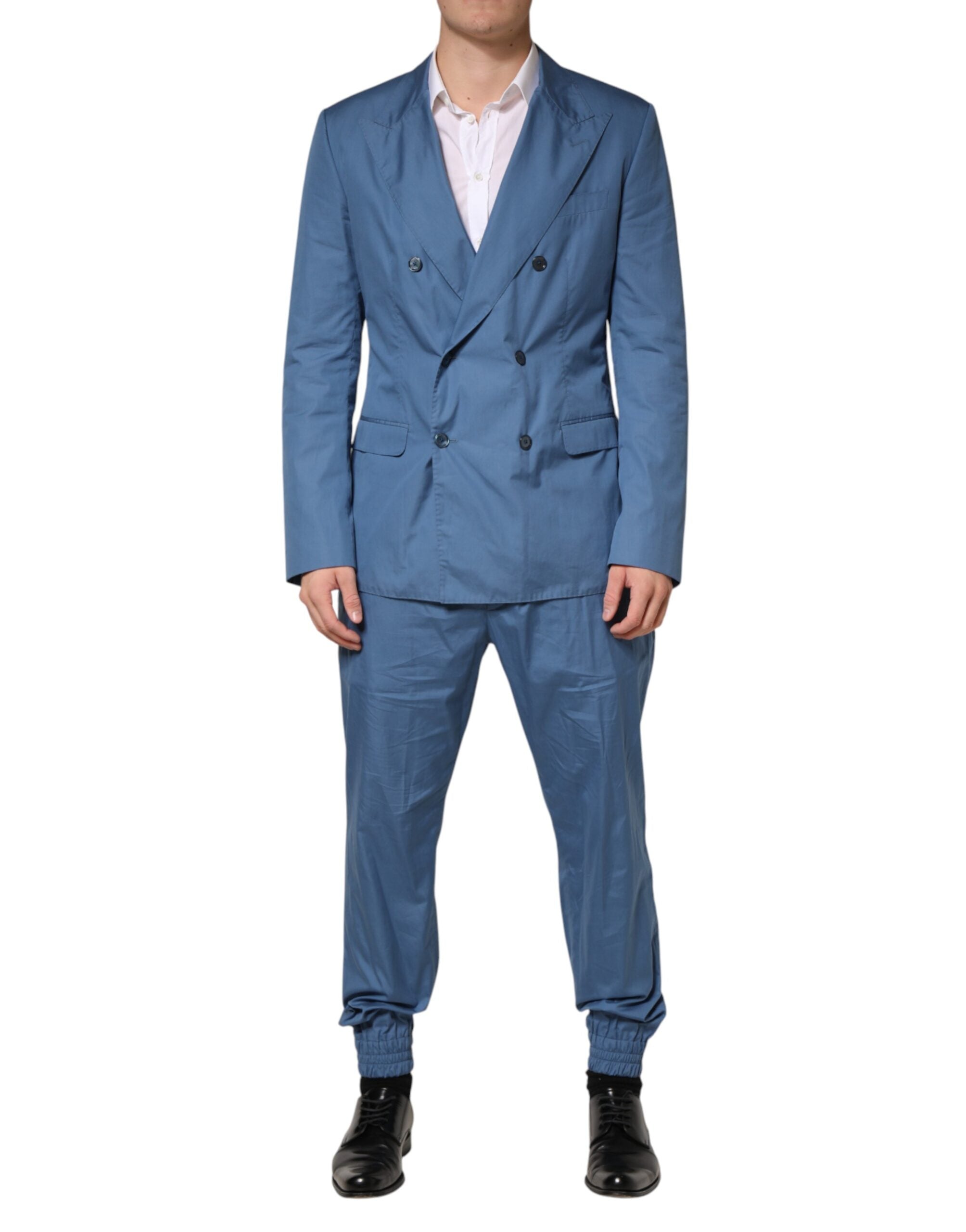 Blue Cotton Double Breasted 2 Piece Suit