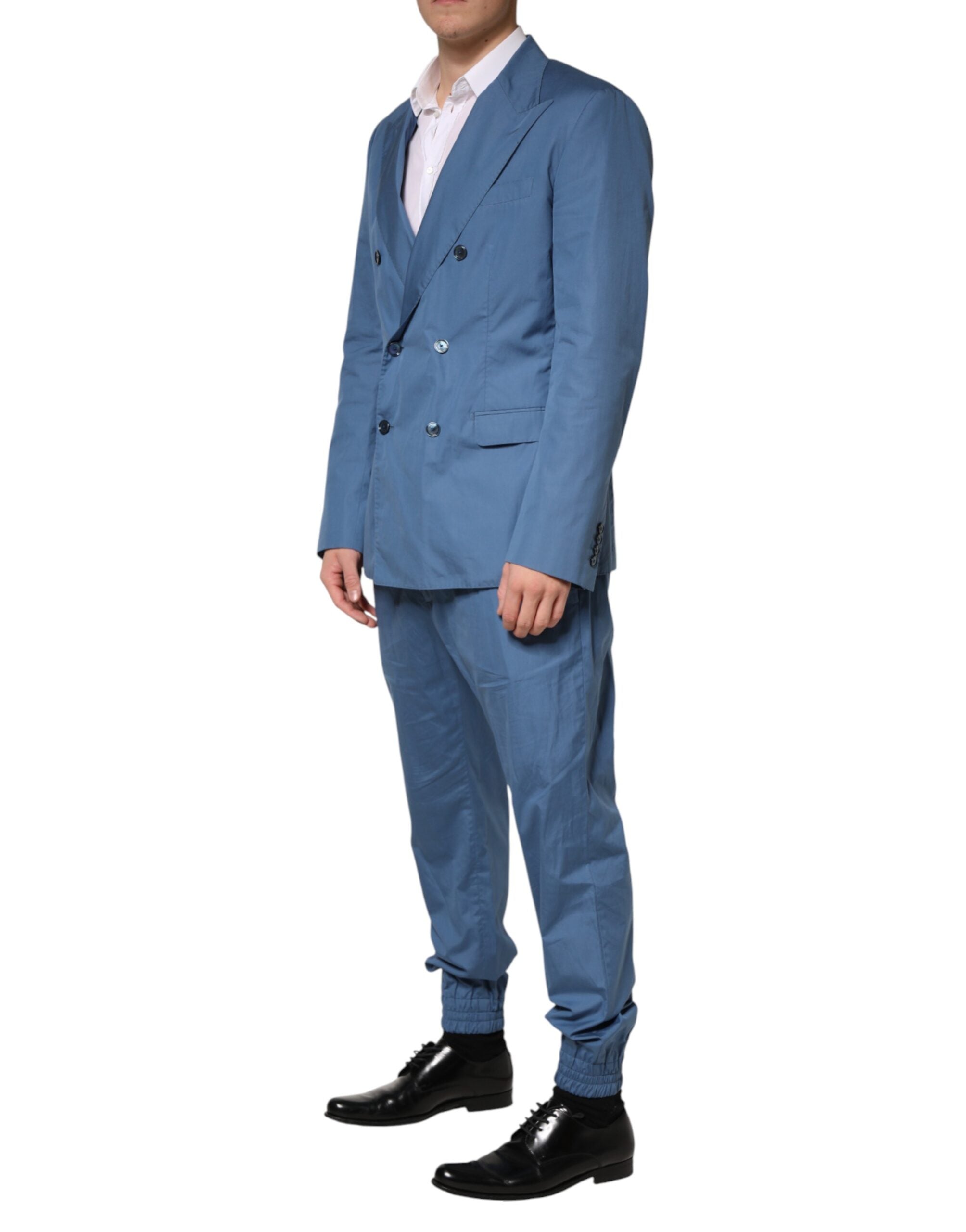 Blue Cotton Double Breasted 2 Piece Suit
