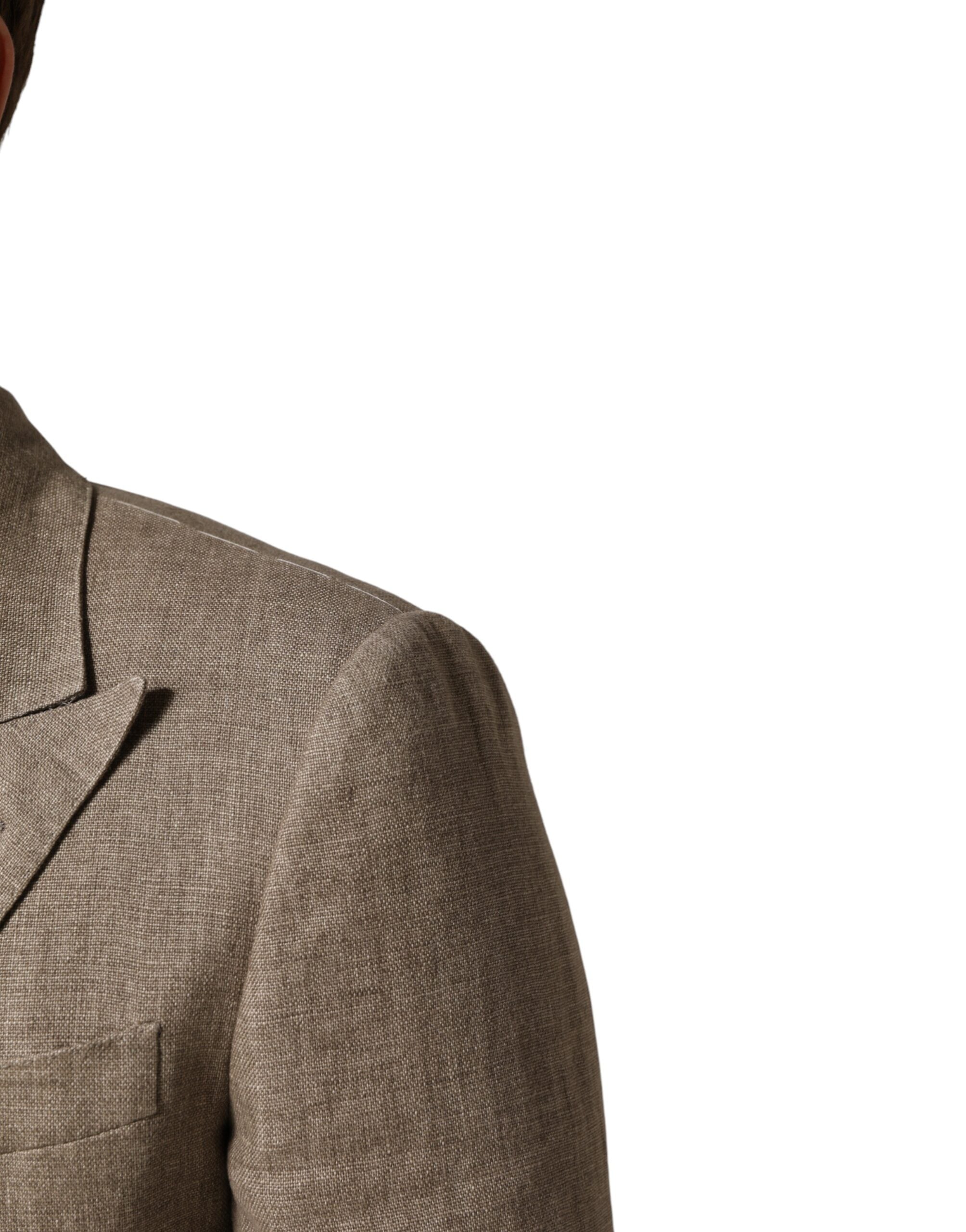 Beige Linen Double Breasted 2 Piece Men Suit