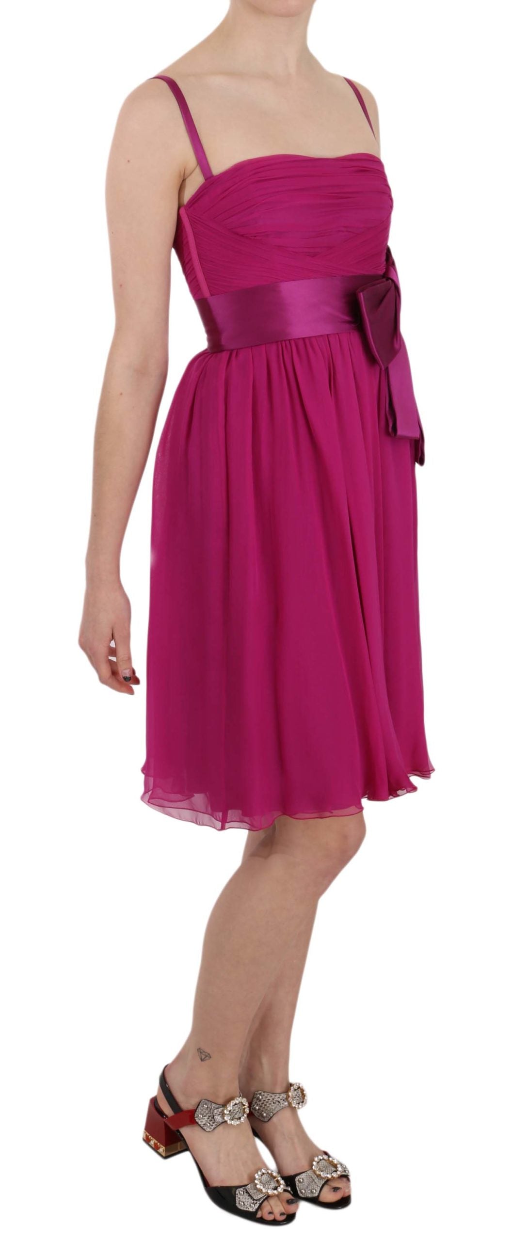 Fuchsia roze strik zijden mouwloze jurk