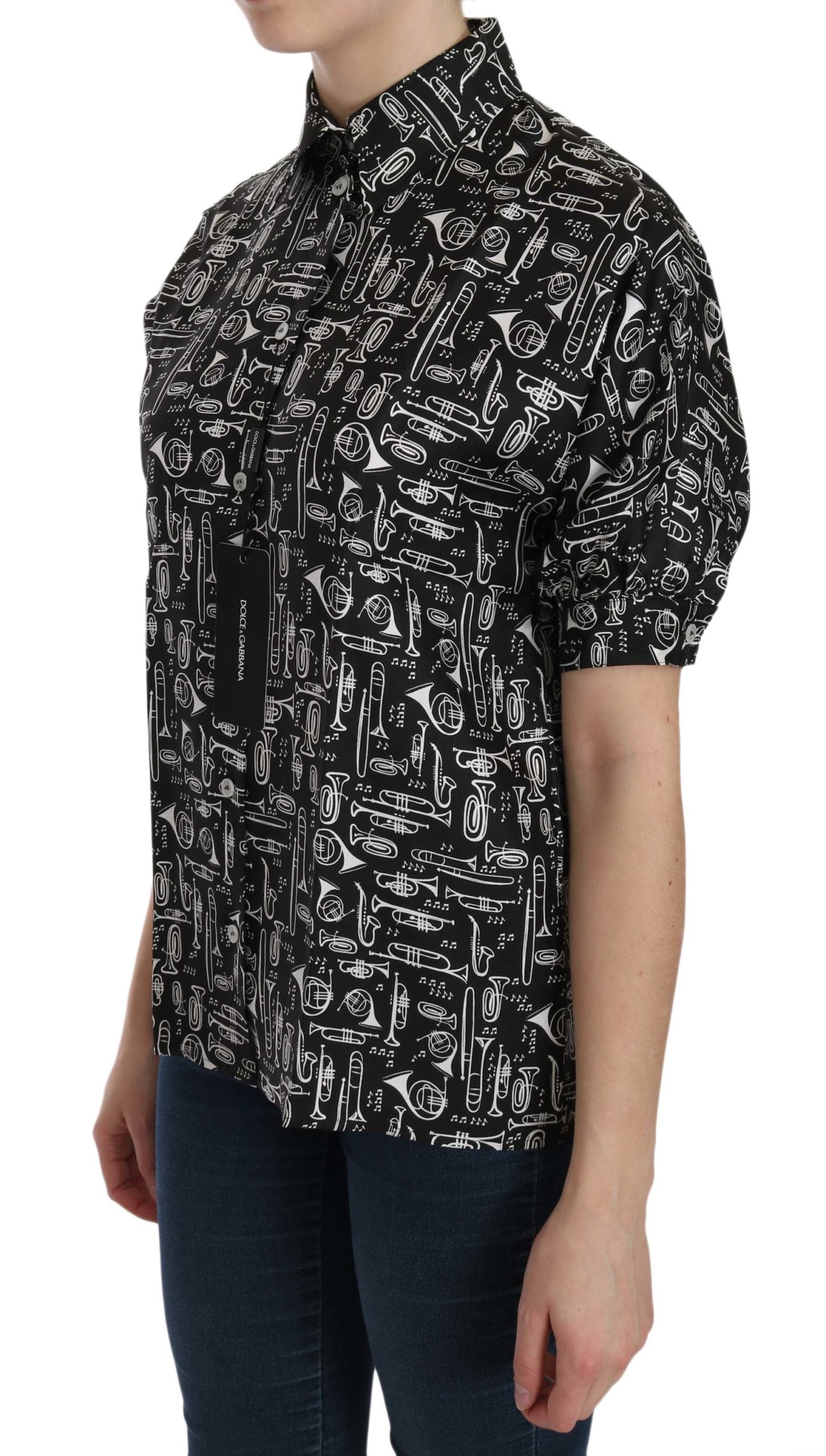 Zwarte blouse met muziekinstrumentkraag