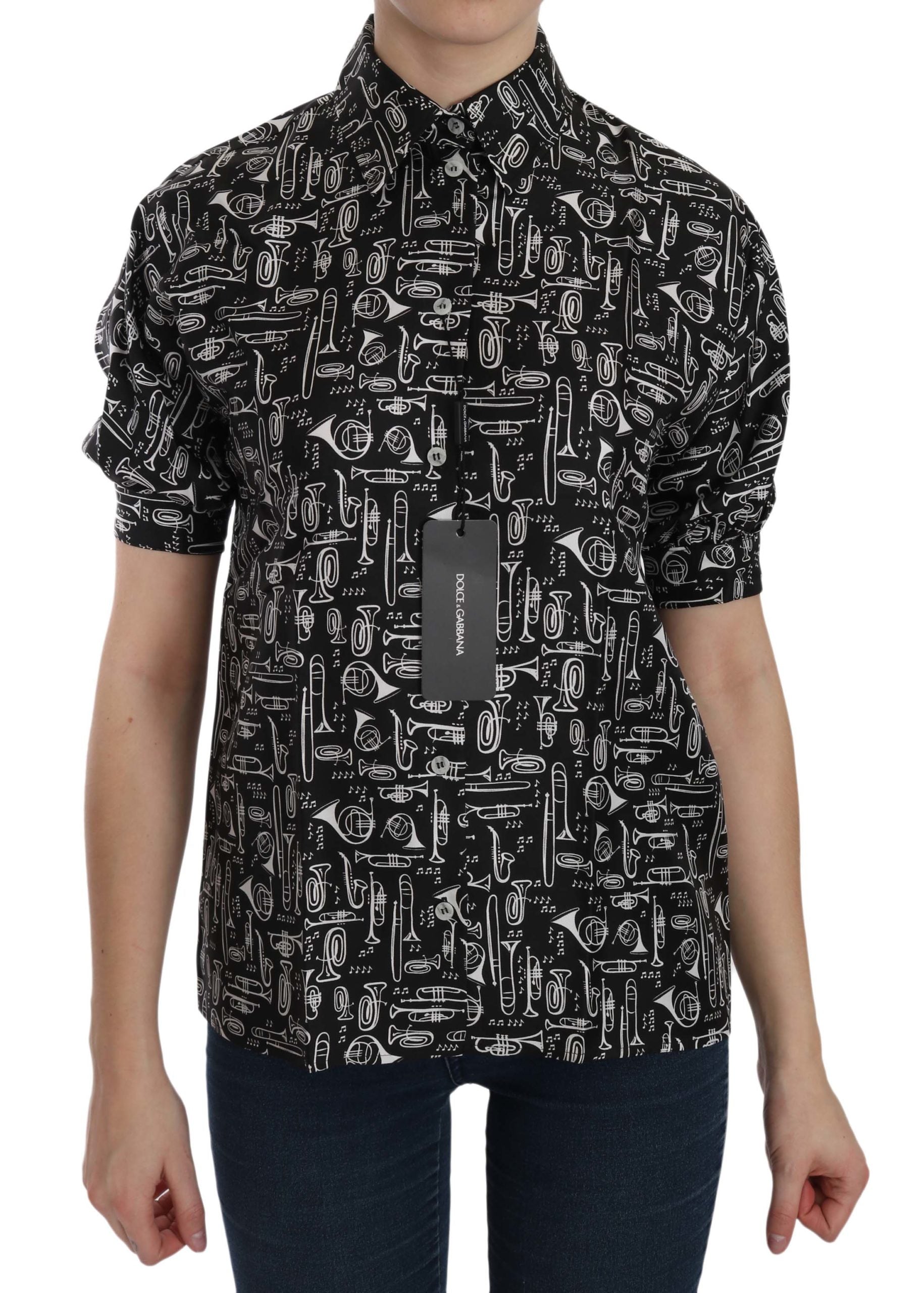 Zwarte blouse met muziekinstrumentkraag