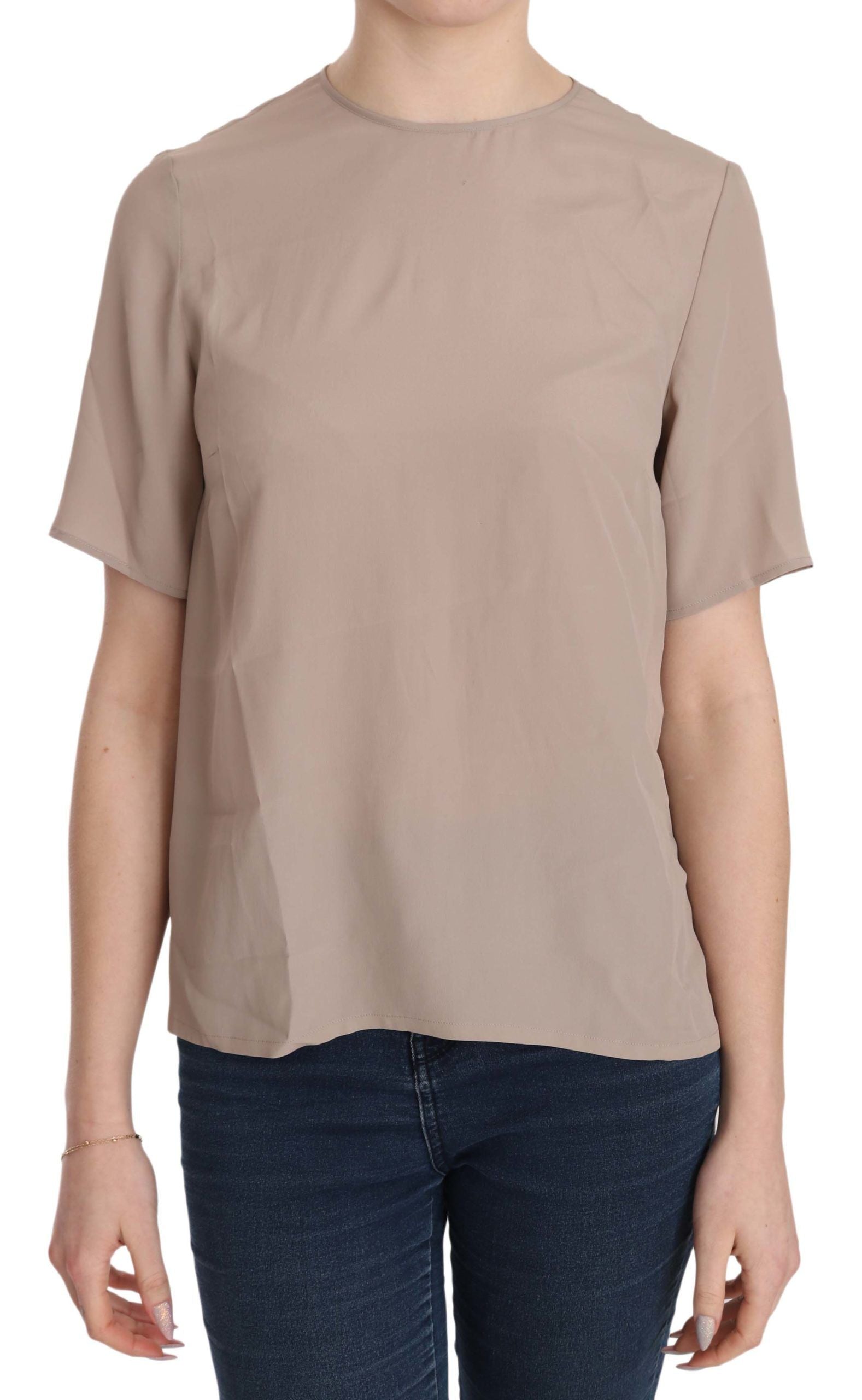 Beige blouse met ronde hals en korte mouwen