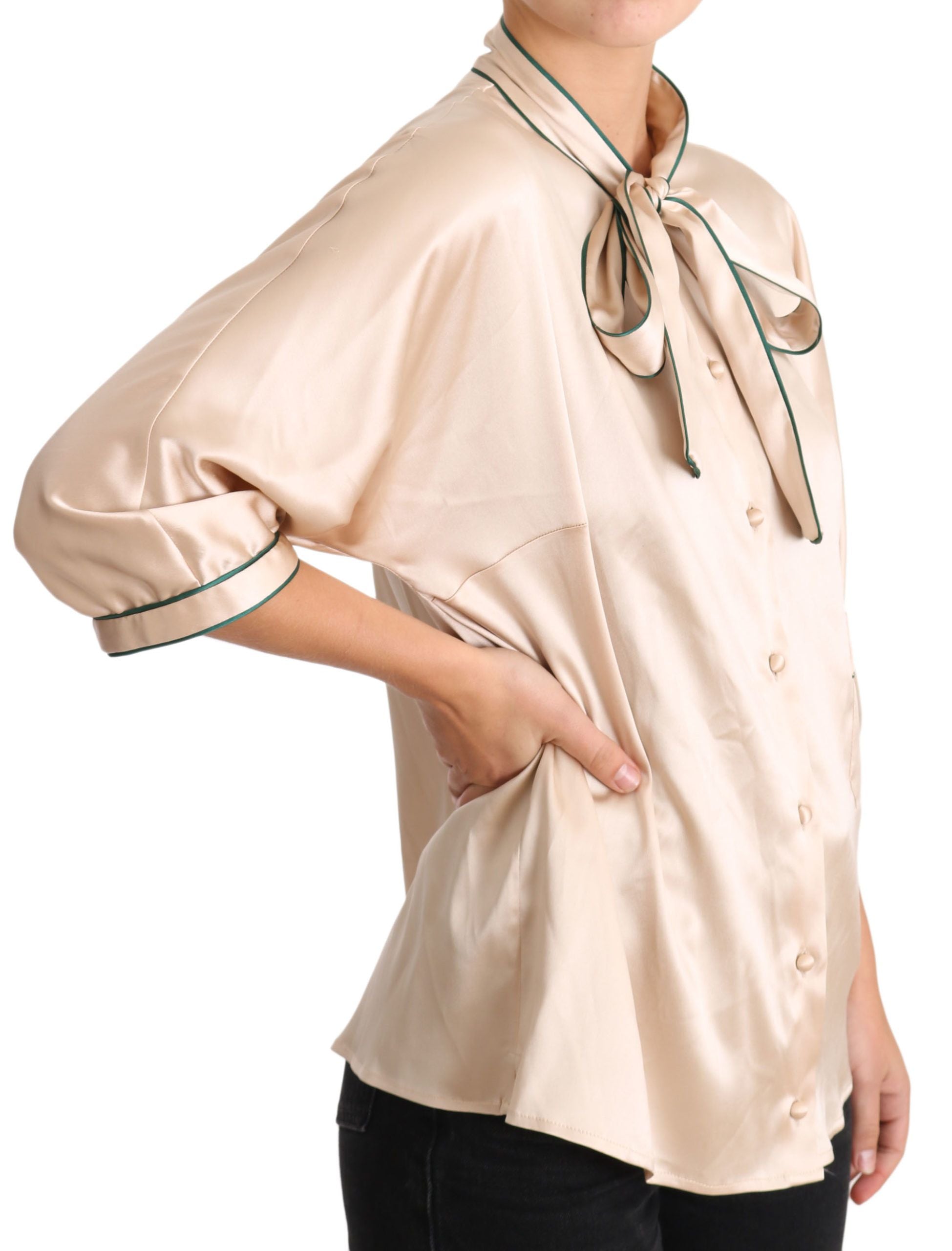 Beige blouse met stretch van zijden lint