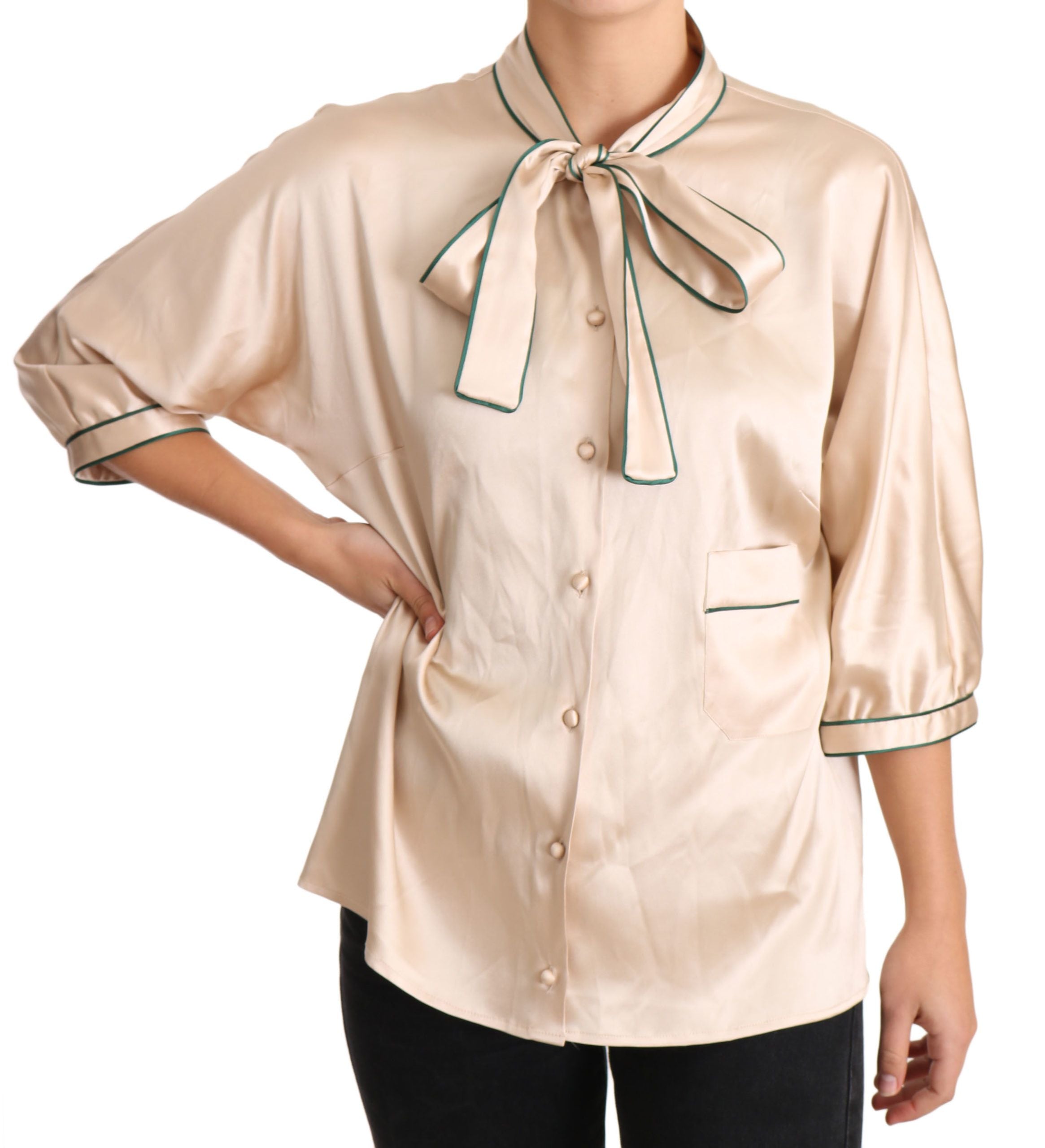 Beige blouse met stretch van zijden lint