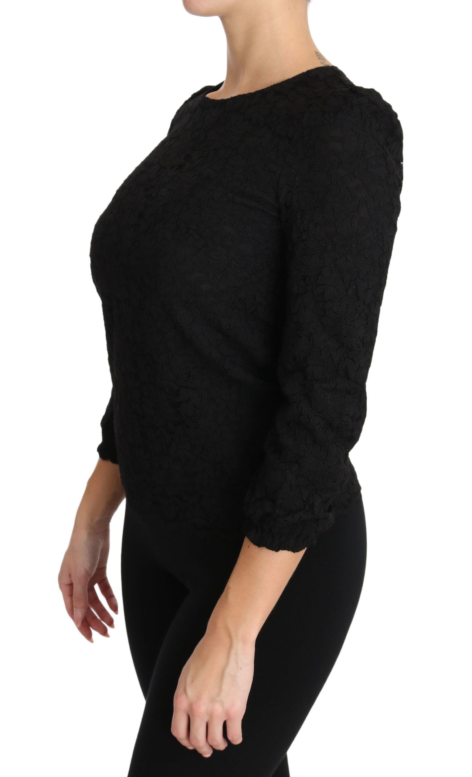 Zwarte blouse met bloemenkant en rits