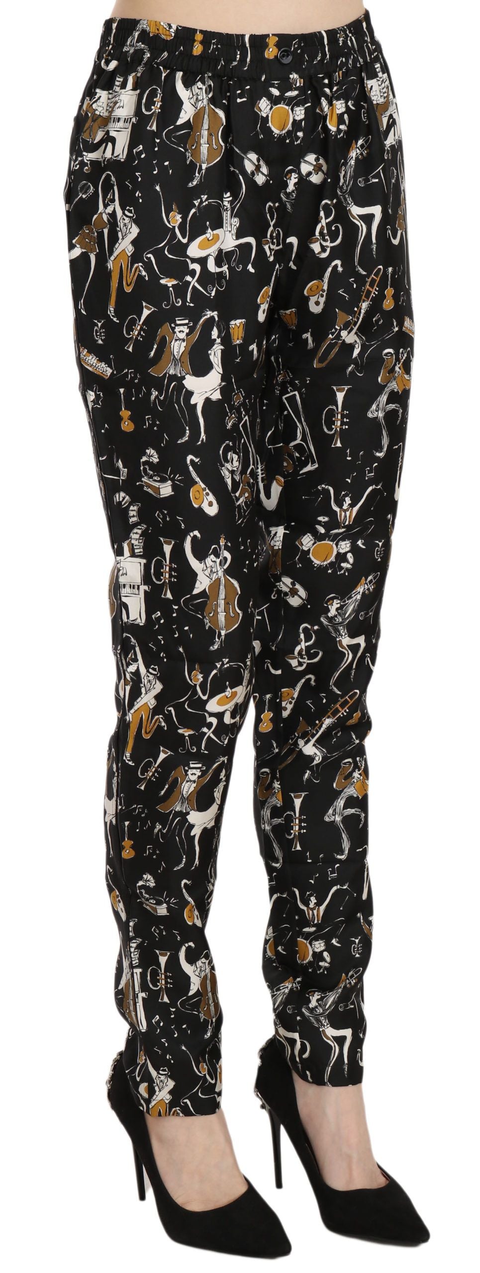 Zwarte Jazz Club Print High Waist Taps Toelopende Broek