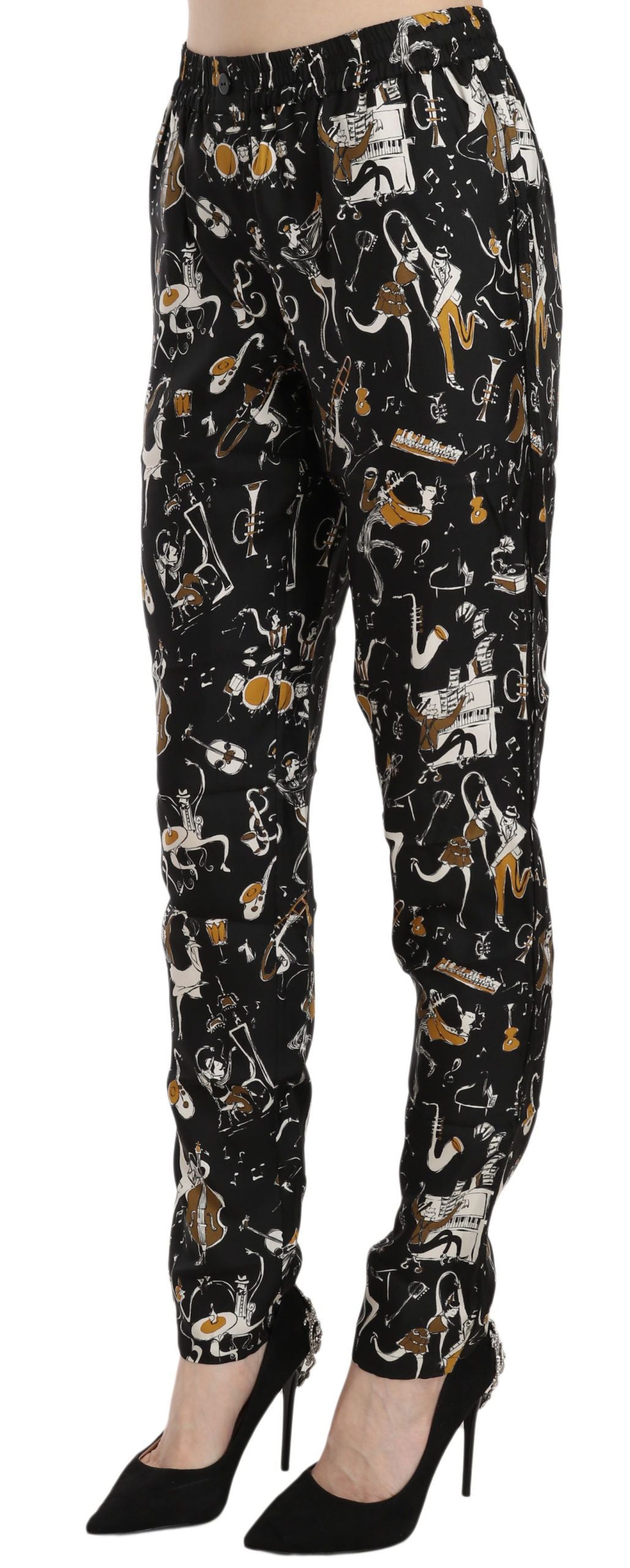 Zwarte Jazz Club Print High Waist Taps Toelopende Broek