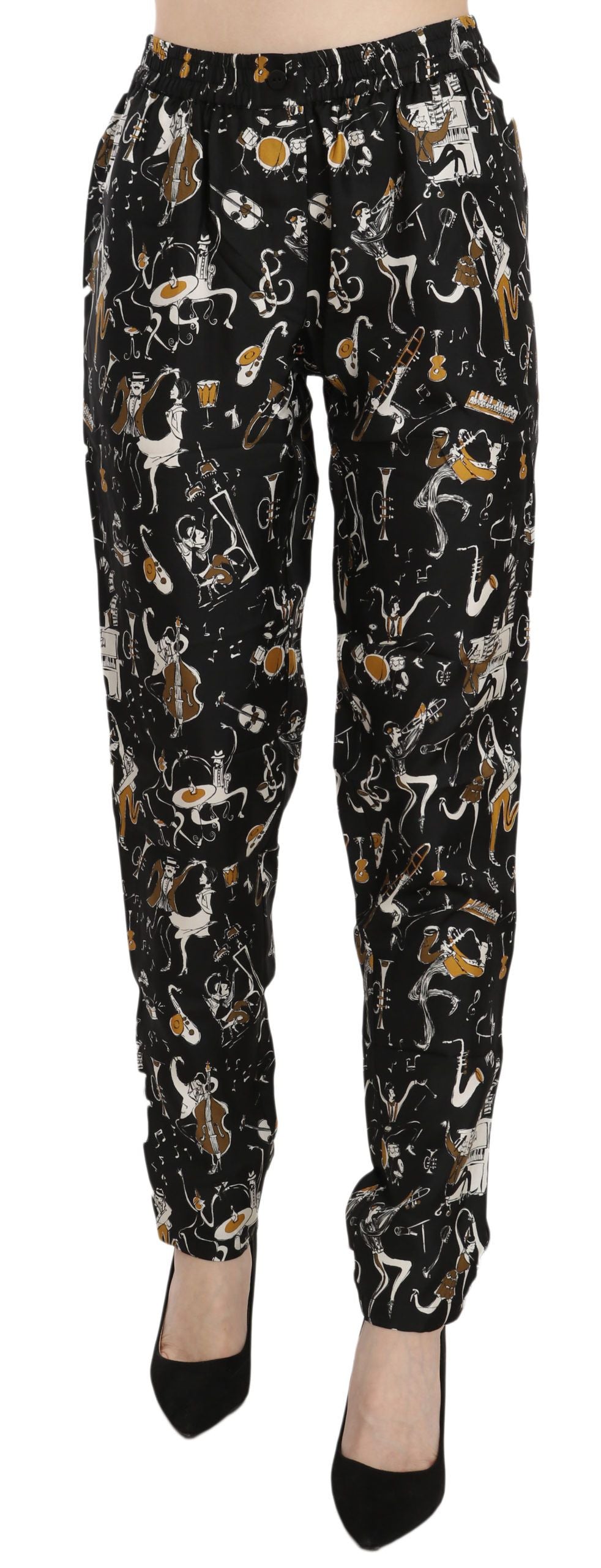 Zwarte Jazz Club Print High Waist Taps Toelopende Broek