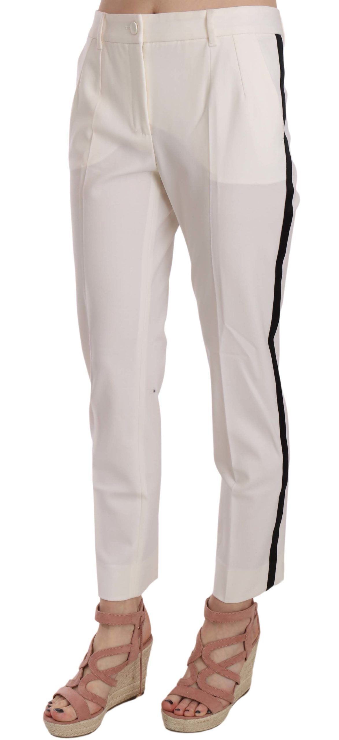 Witte wollen taps toelopende broek met zijstreep