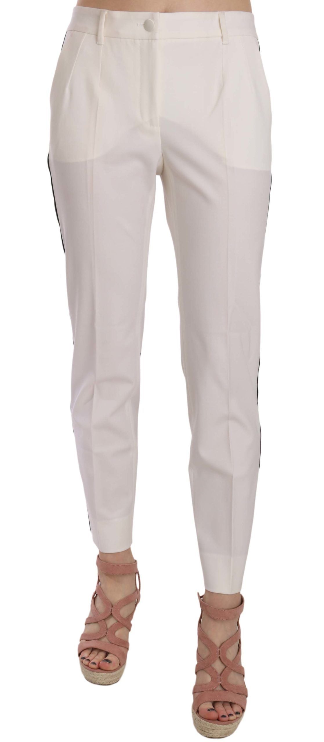 Witte wollen taps toelopende broek met zijstreep