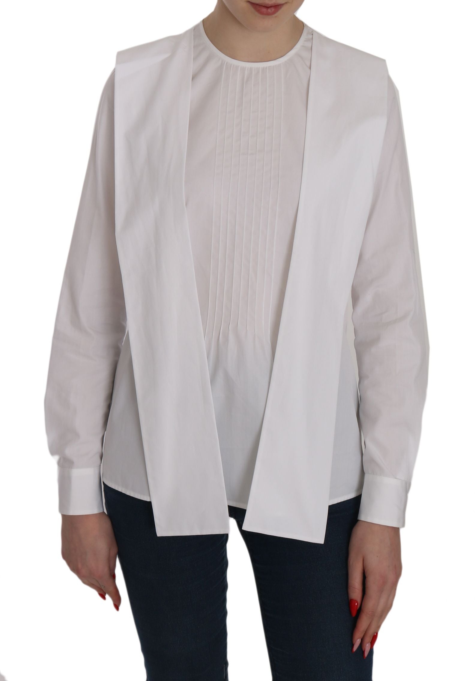 Witte katoenen blouse met ronde hals en lange mouwen