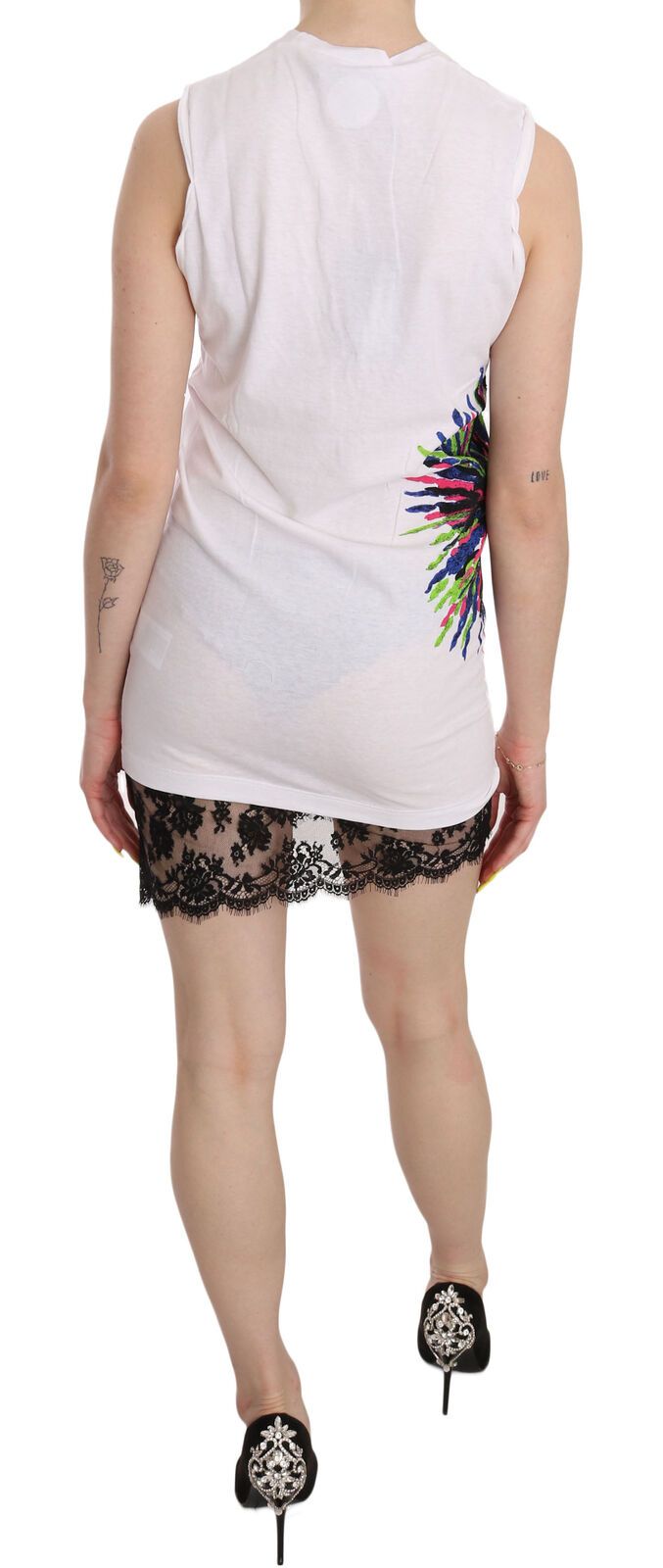 Witte bedrukte ronde hals mouwloze bodycon mini-jurk