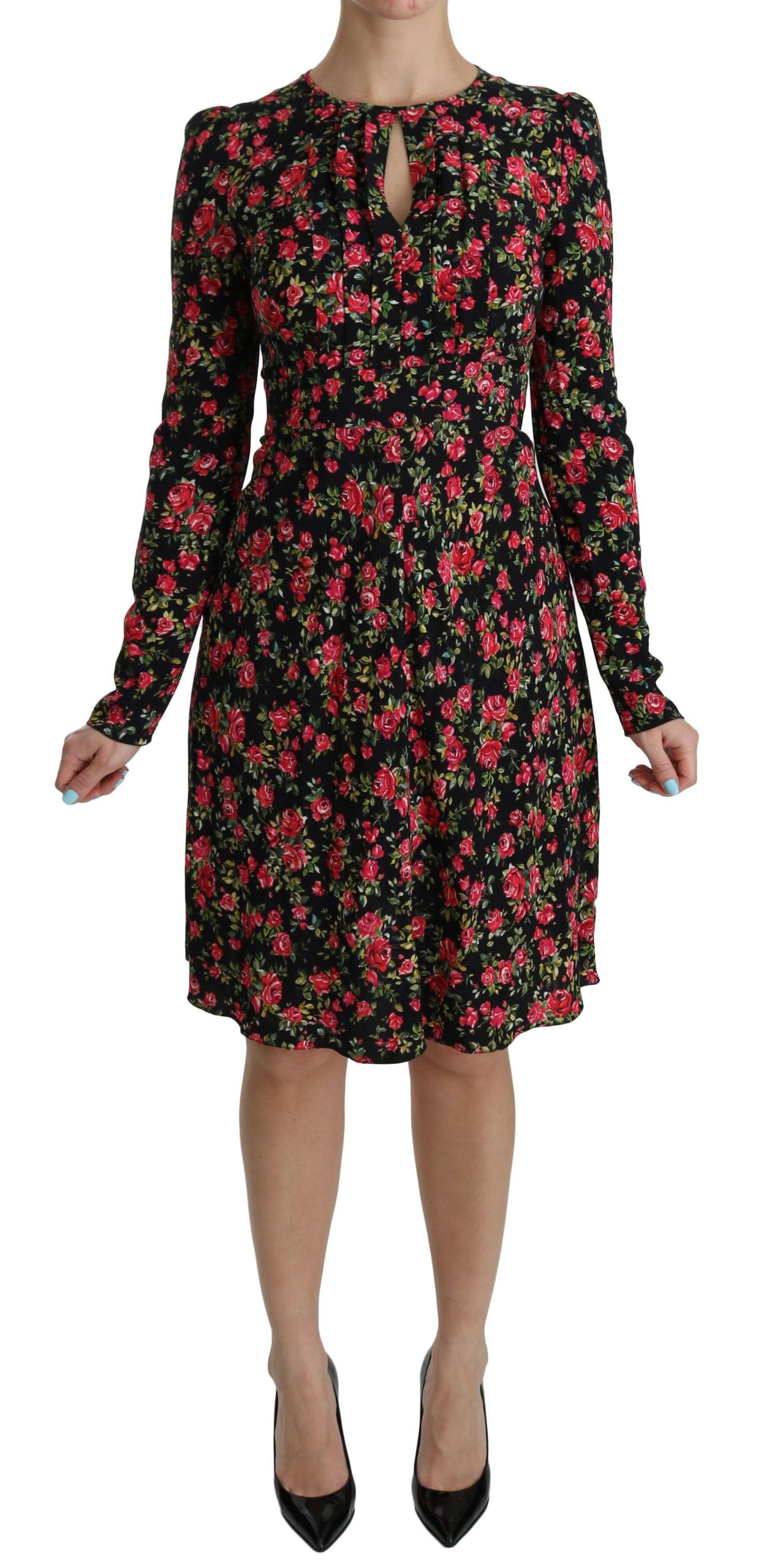 Zwarte bloemenjurk met lange mouwen tot op de knie