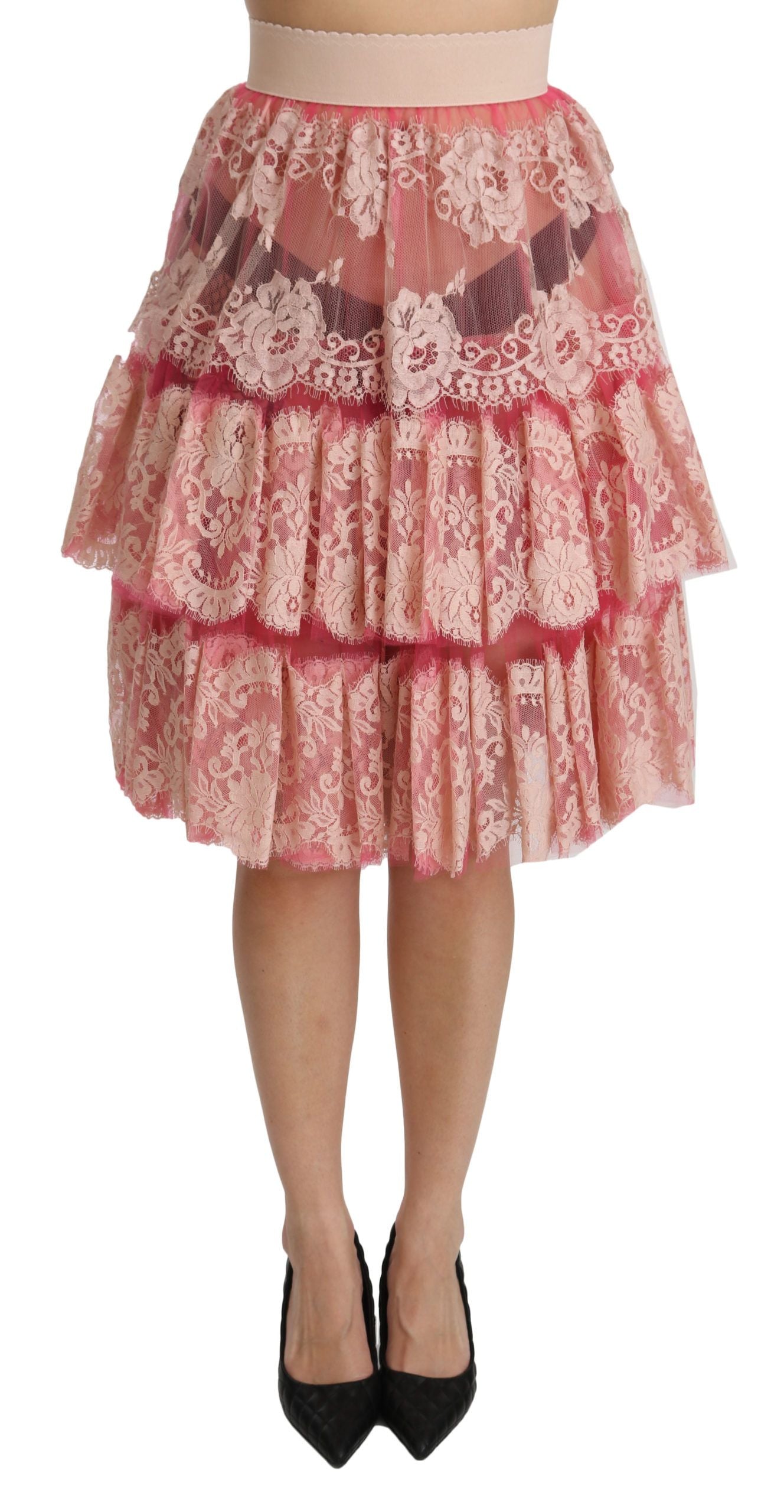 Roze gelaagde rok met hoge taille en kant tot op de knie
