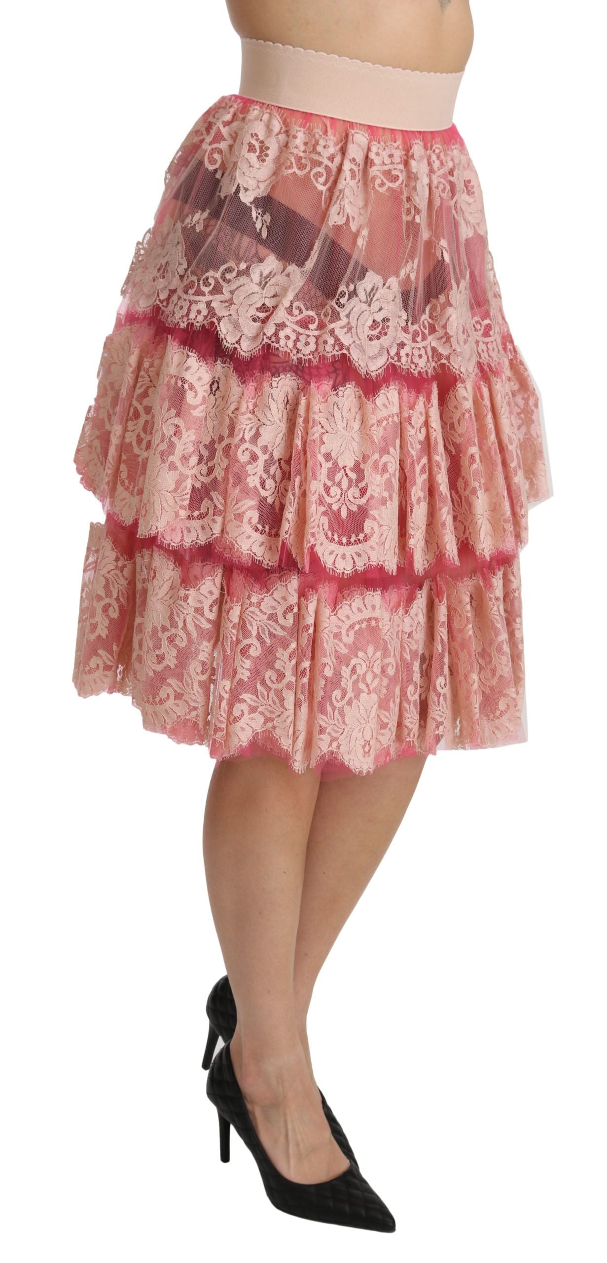 Roze gelaagde rok met hoge taille en kant tot op de knie