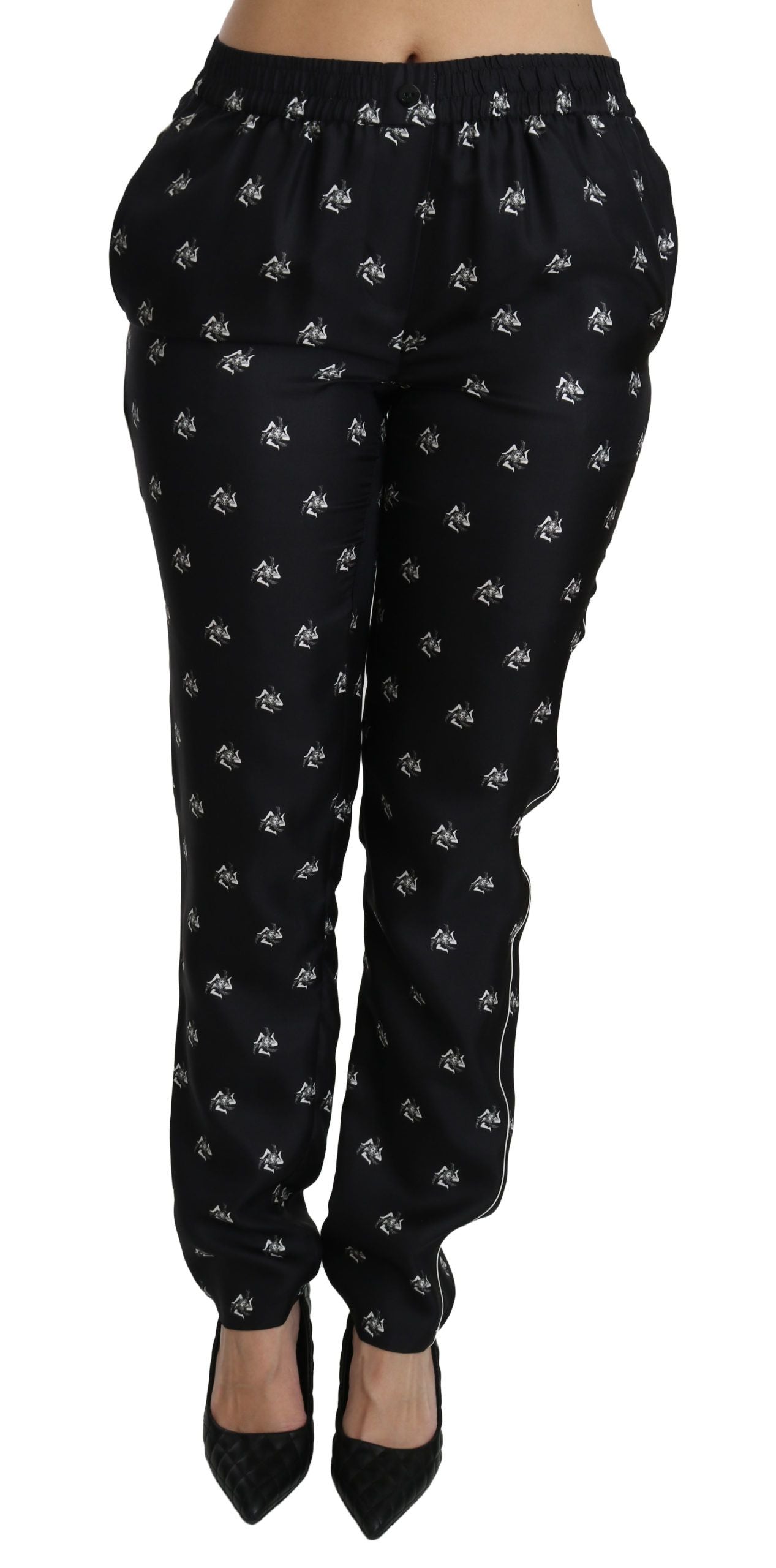 Zwarte bedrukte, middelhoge skinny zijden broek