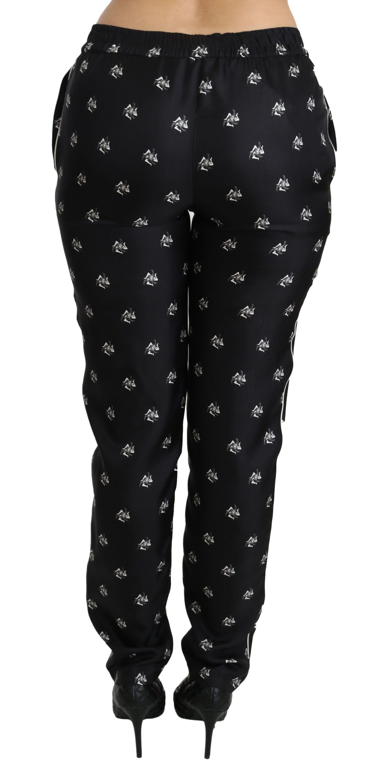 Zwarte bedrukte, middelhoge skinny zijden broek
