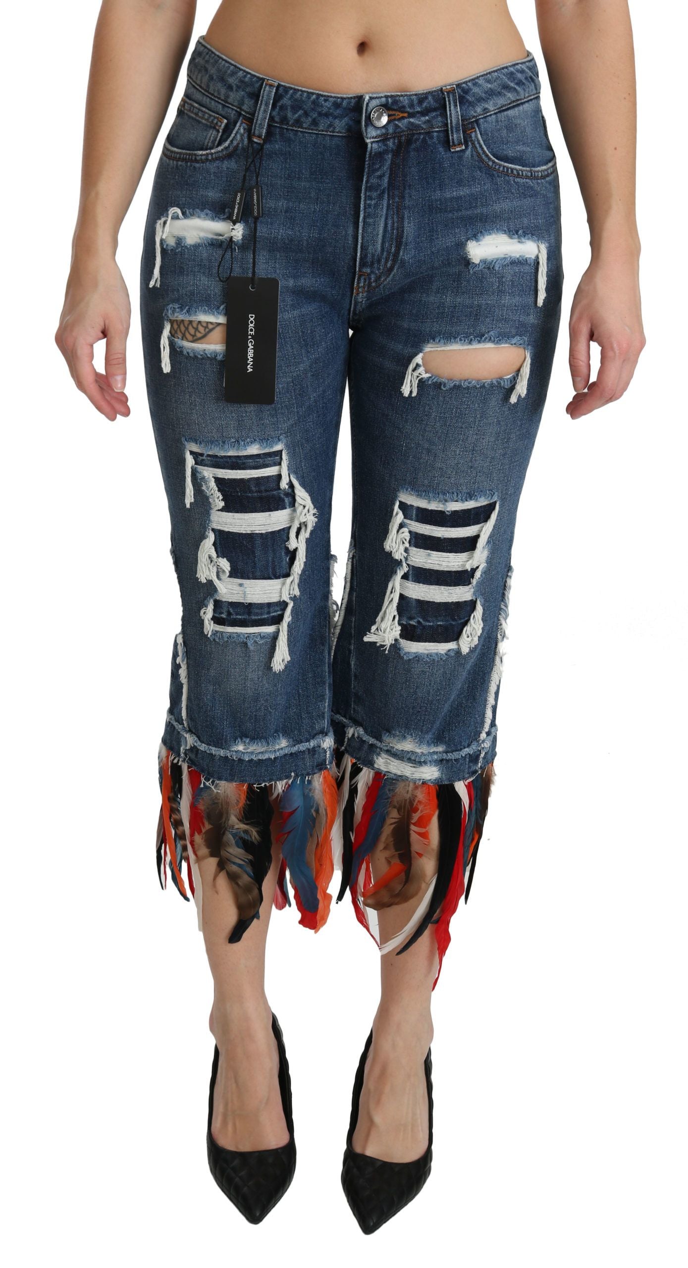 Blauwe veren lage taille cropped katoenen jeans