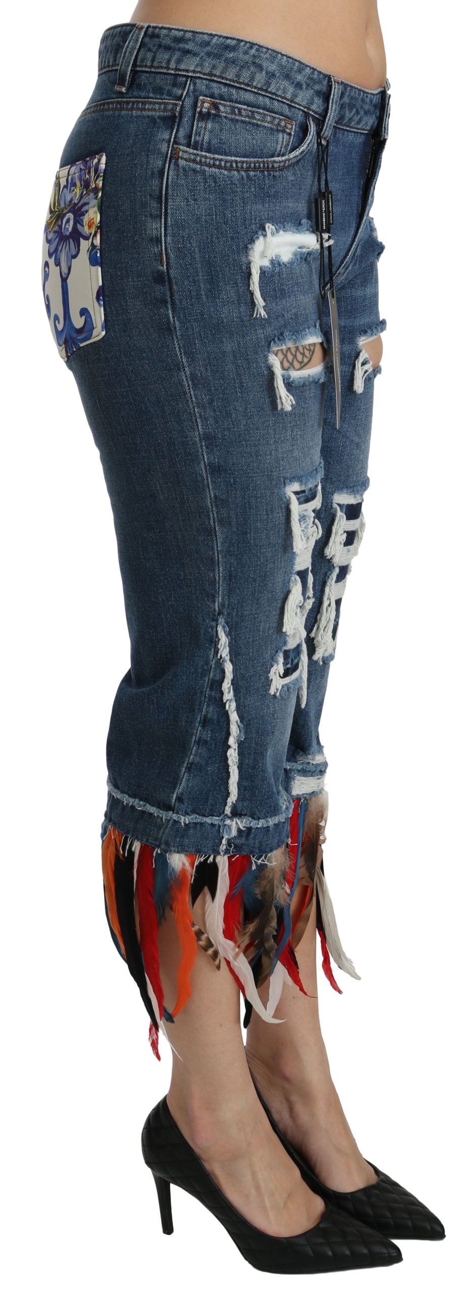 Blauwe veren lage taille cropped katoenen jeans