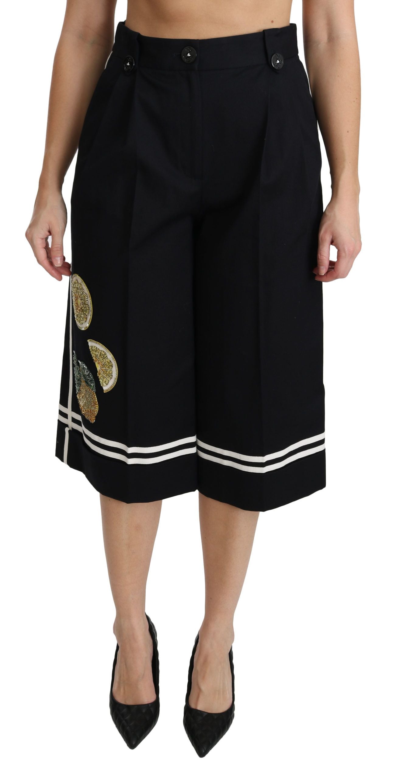 Zwarte, met citroen versierde Palazzo cropped broek