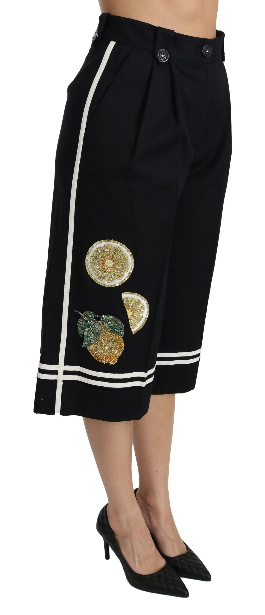 Zwarte, met citroen versierde Palazzo cropped broek