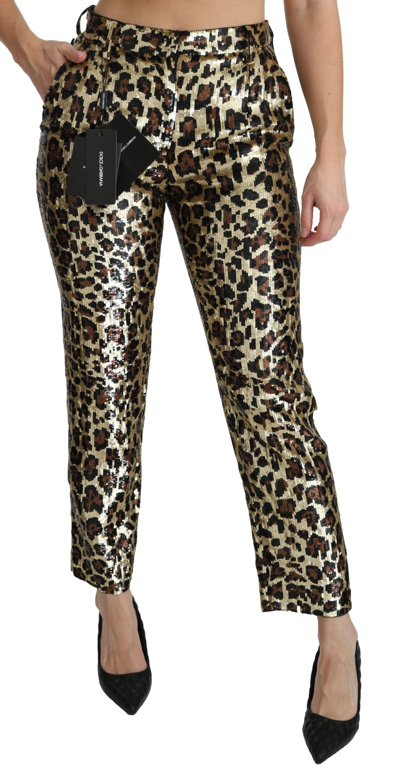Bruine luipaard pailletten hoge taille broek