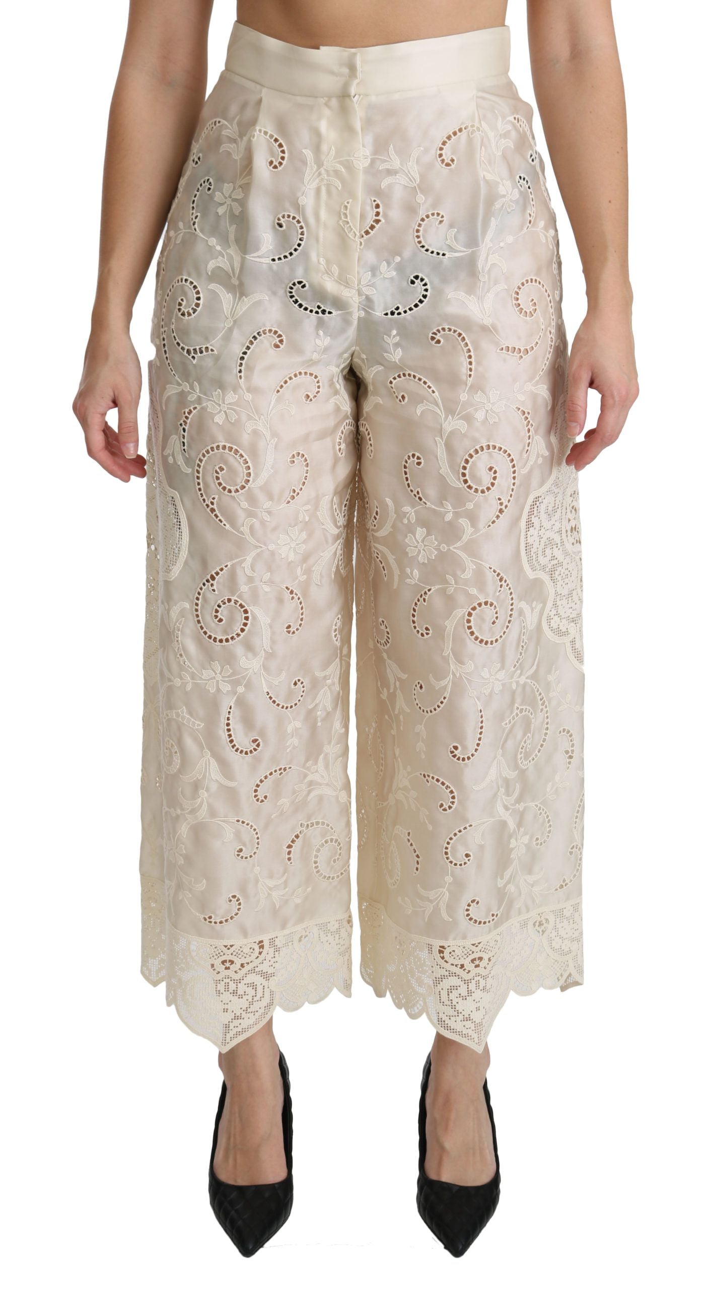 Crèmekleurige kanten hoge taille Palazzo cropped broek