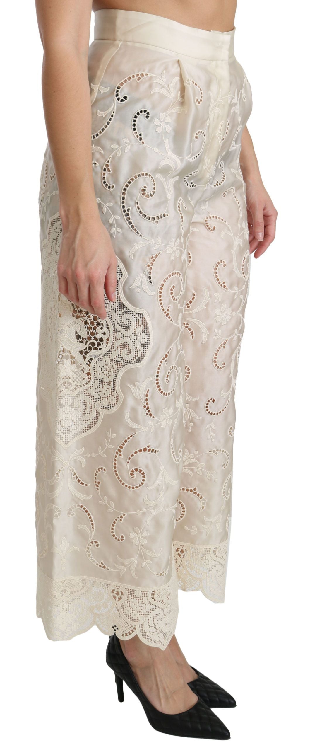 Crèmekleurige kanten hoge taille Palazzo cropped broek
