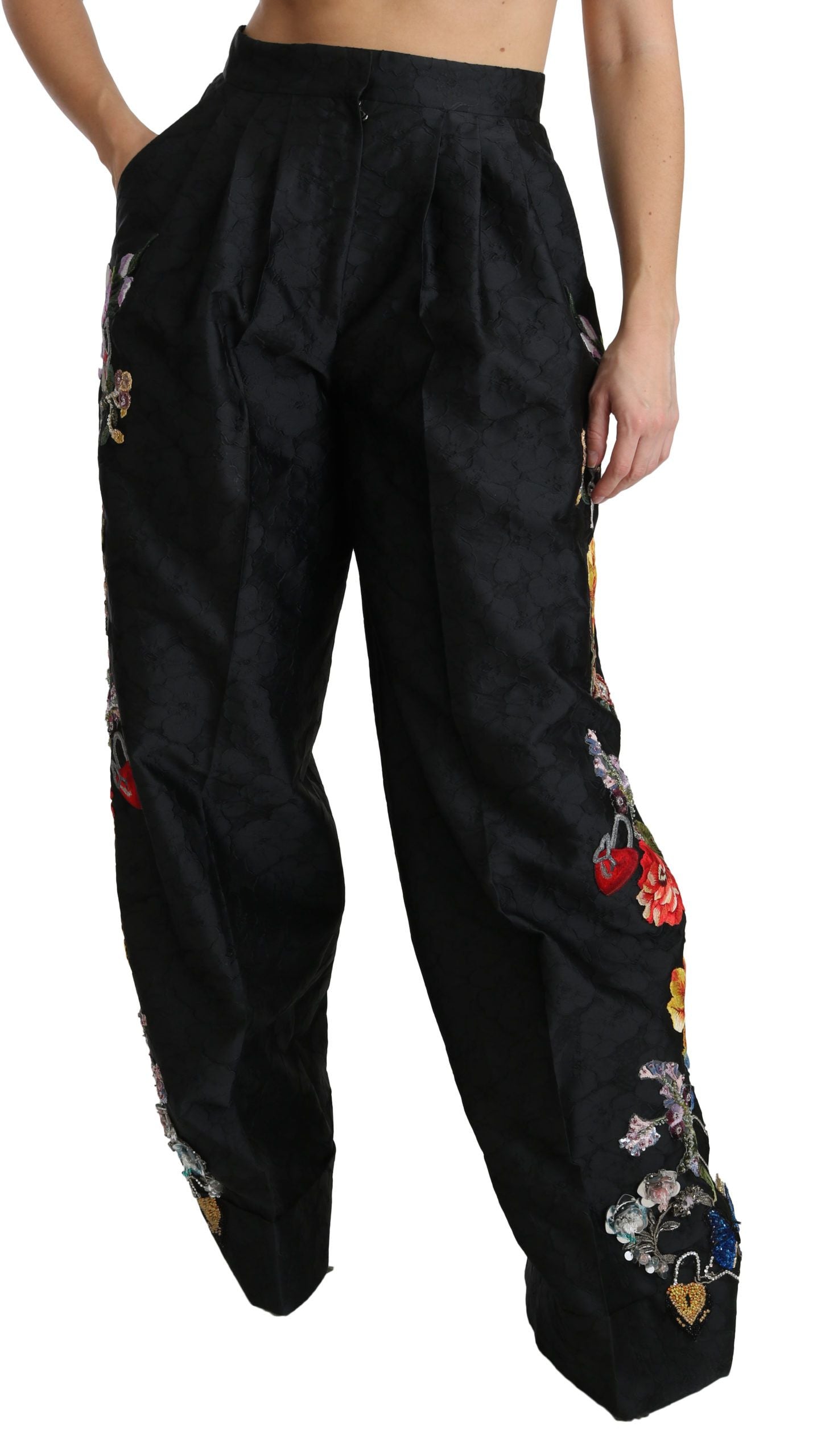 Zwarte brokaat bloemen pailletten kralen broek