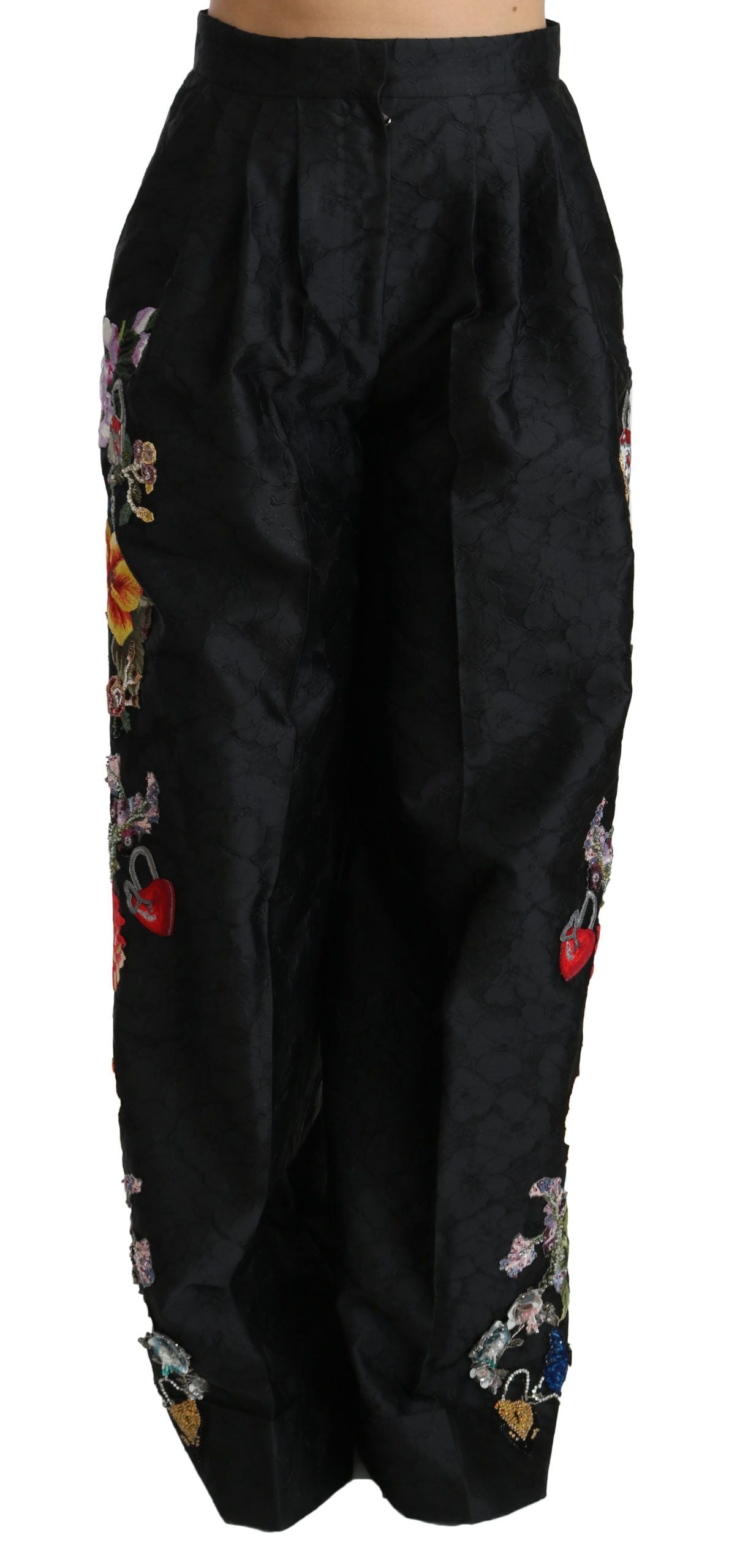 Zwarte brokaat bloemen pailletten kralen broek