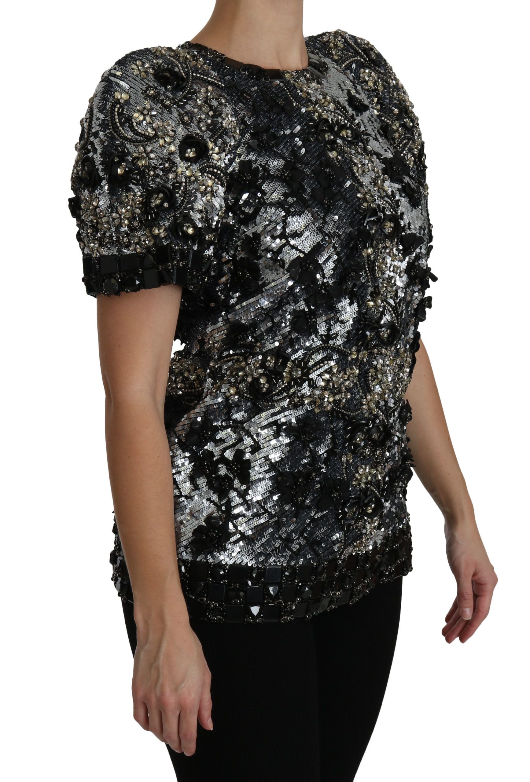 Zwarte blouse met pailletten en kristallen versiering