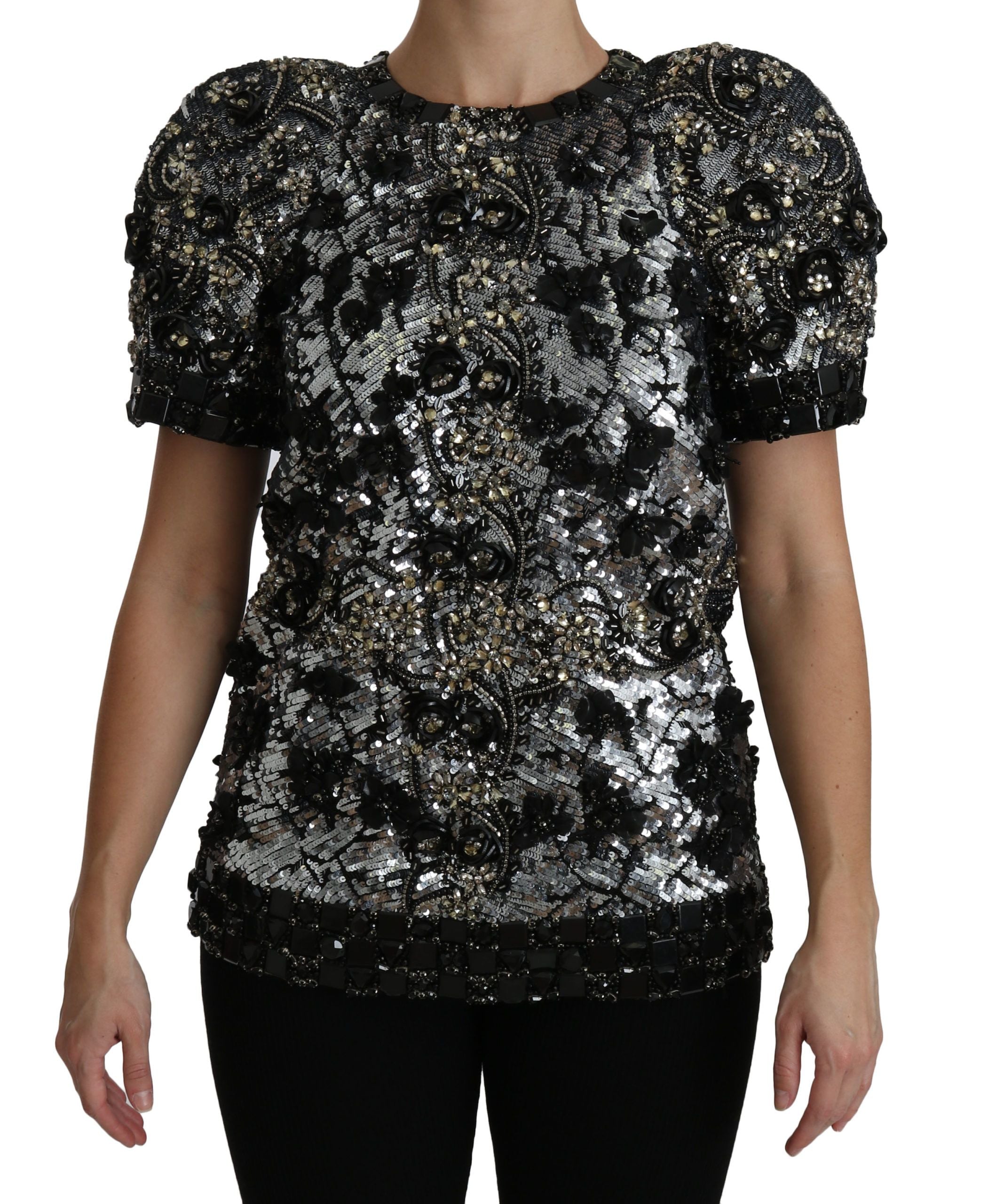 Zwarte blouse met pailletten en kristallen versiering