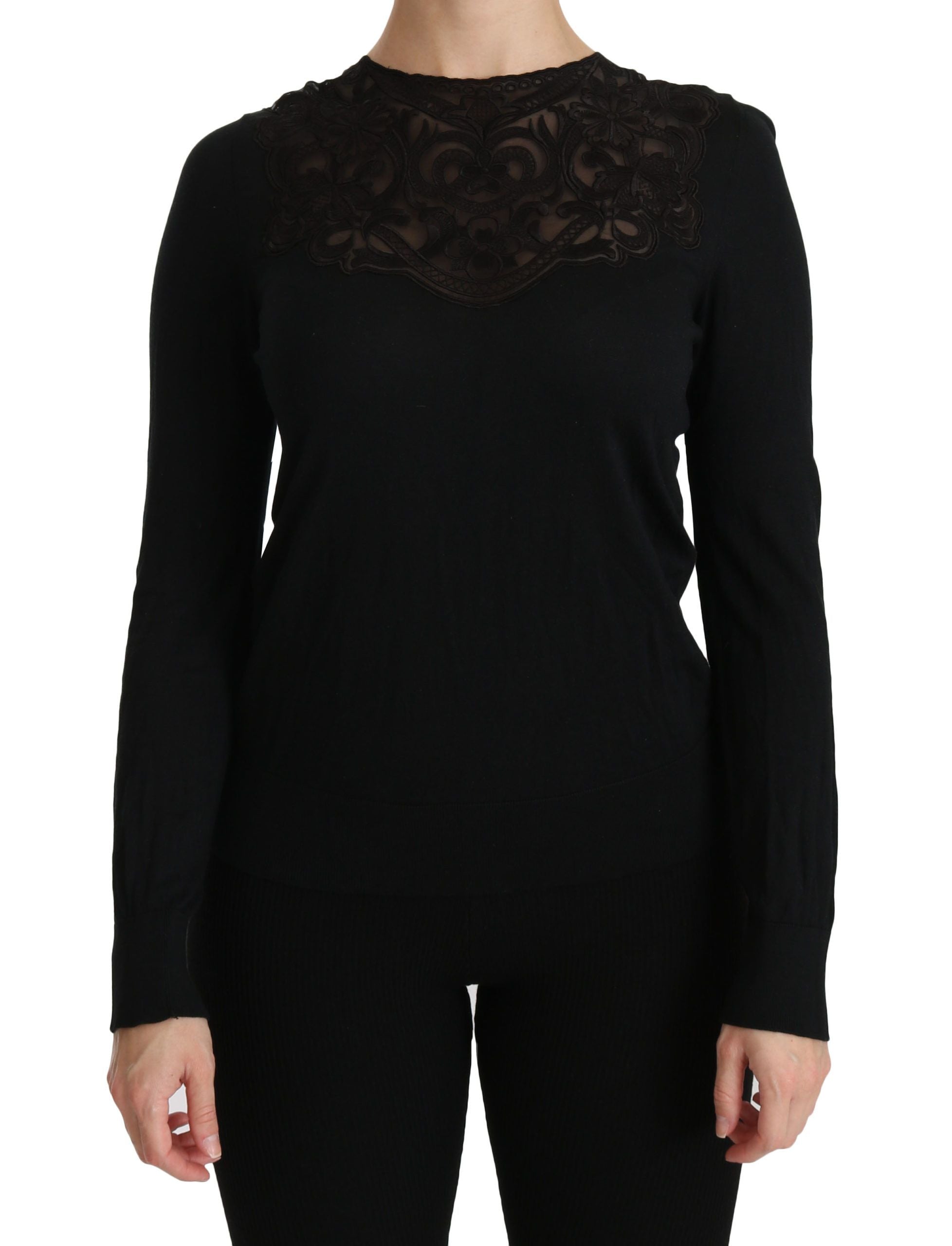 Zwarte zijden kanten blouse met ronde hals en lange mouwen