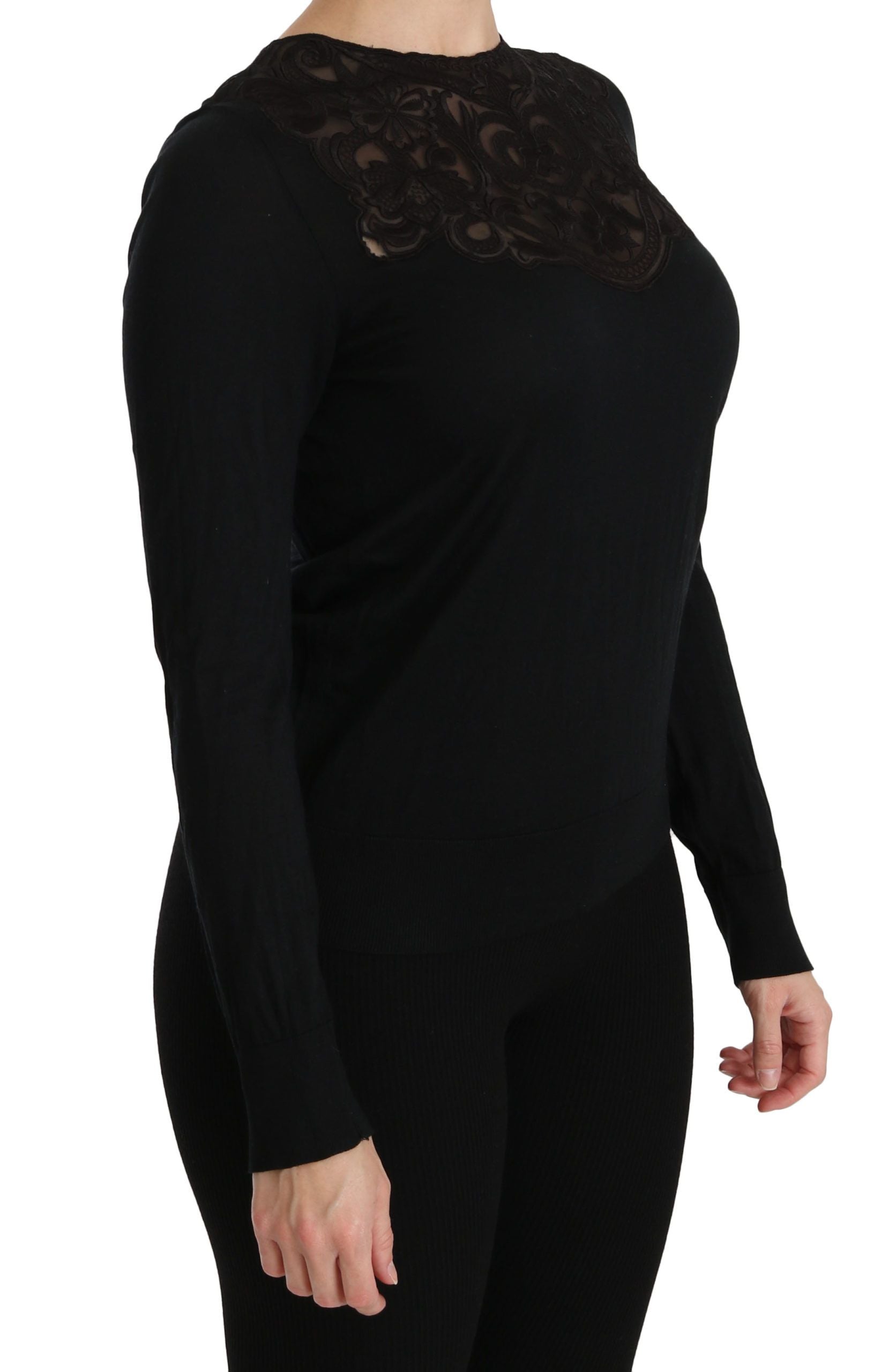 Zwarte zijden kanten blouse met ronde hals en lange mouwen