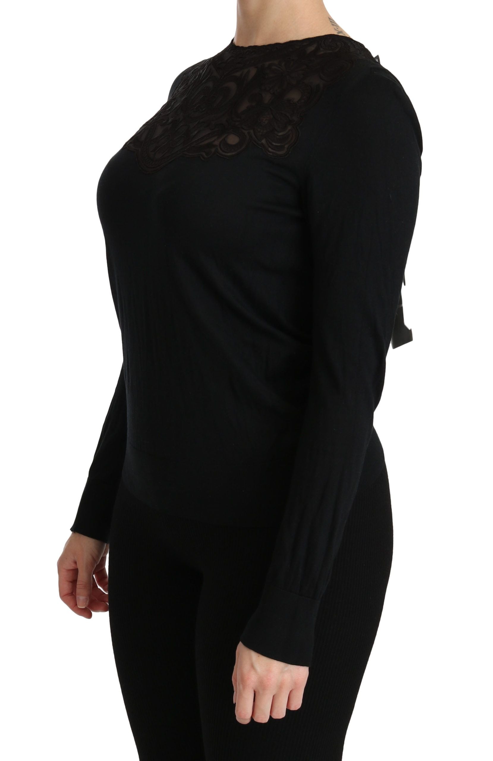 Zwarte zijden kanten blouse met ronde hals en lange mouwen