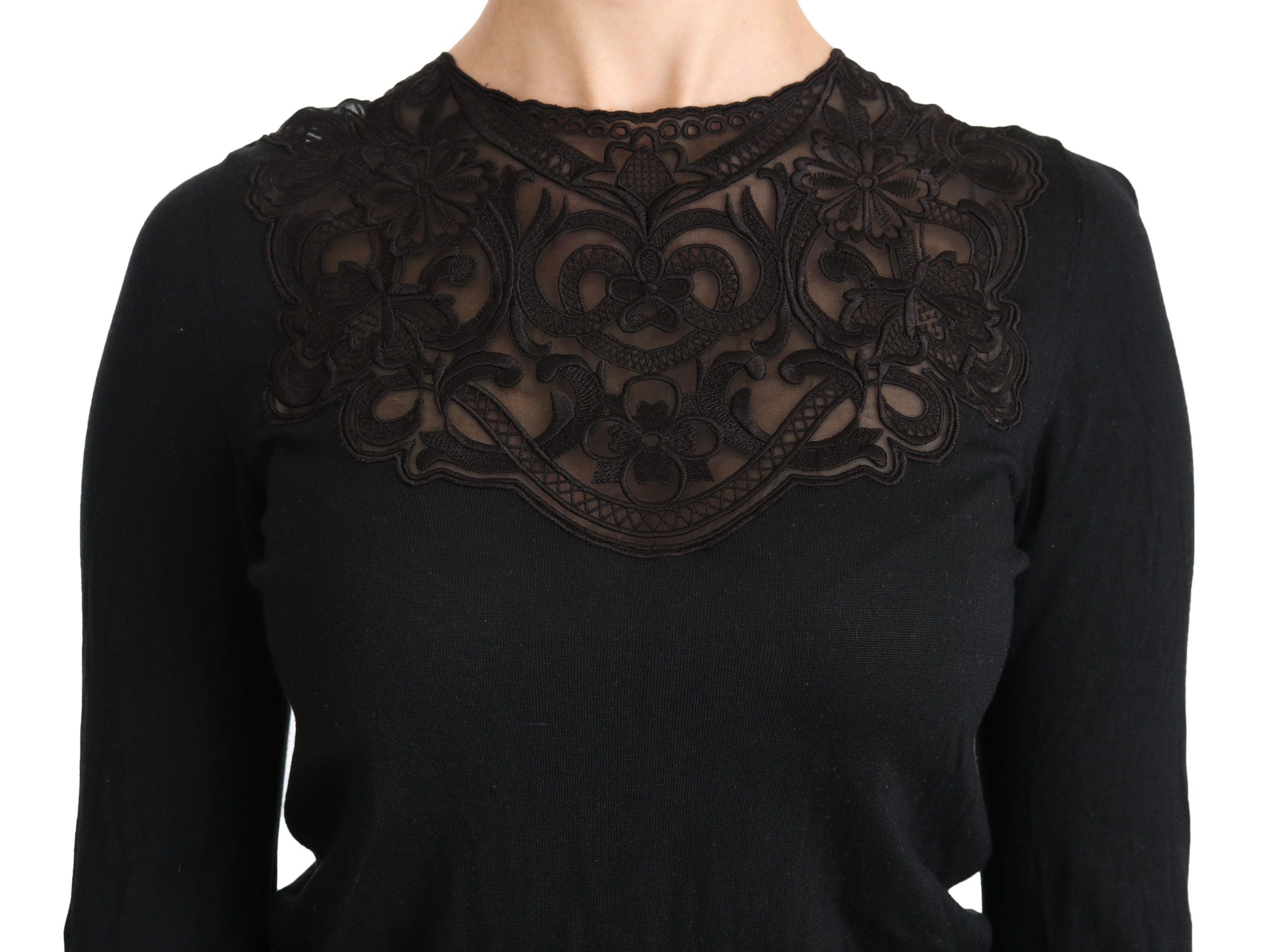 Zwarte zijden kanten blouse met ronde hals en lange mouwen