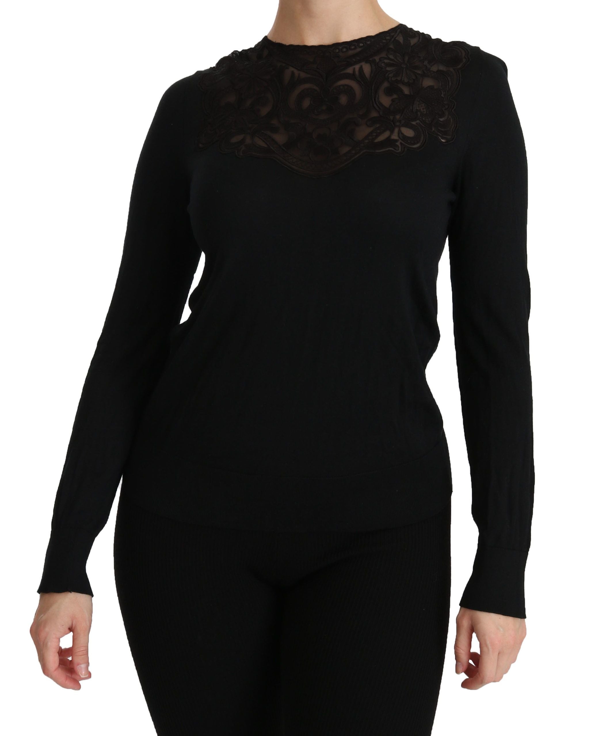 Zwarte zijden kanten blouse met ronde hals en lange mouwen