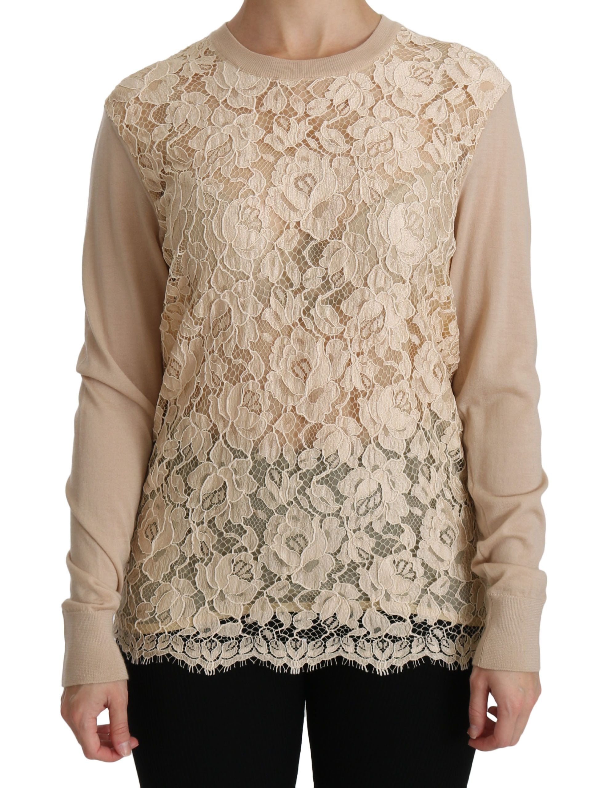 Beige kanten top met lange mouwen en kasjmier blouse