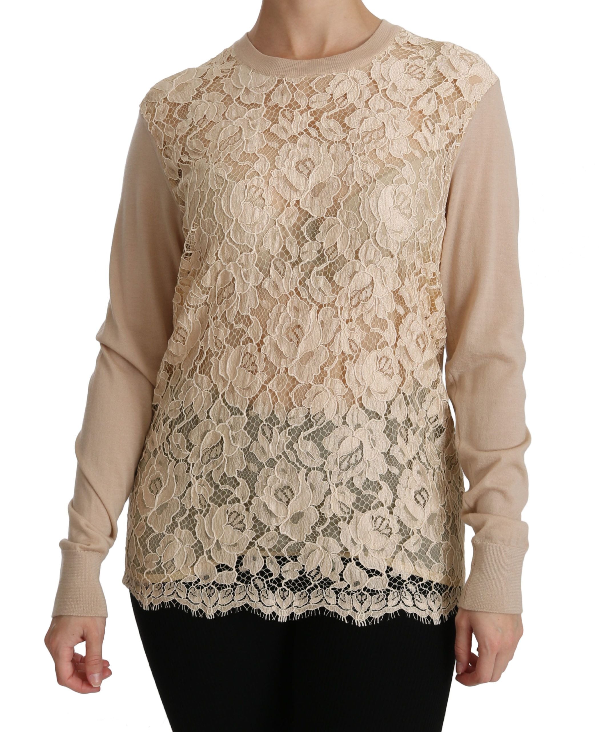 Beige kanten top met lange mouwen en kasjmier blouse