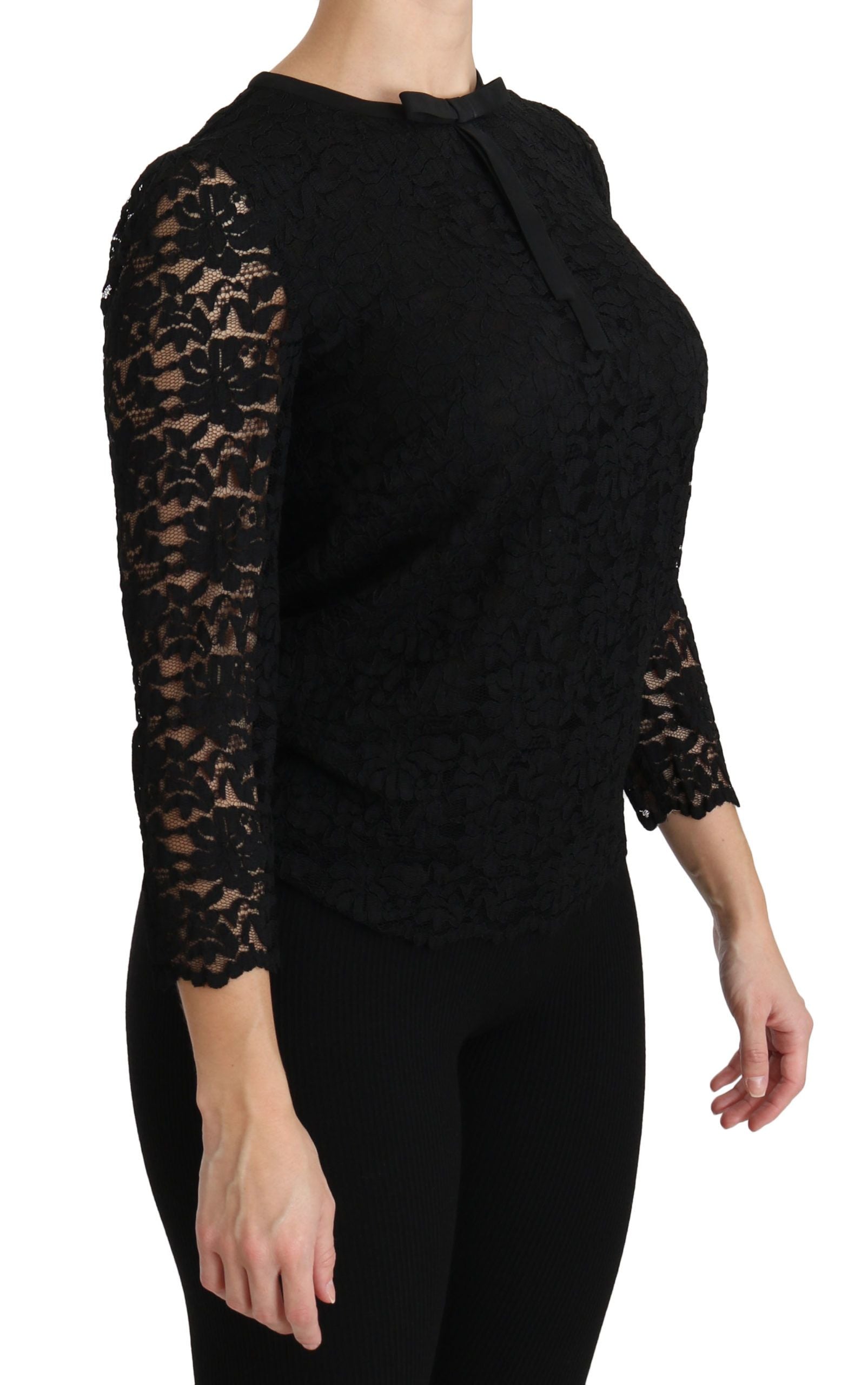 Zwarte kanten blouse met lange mouwen van nylon