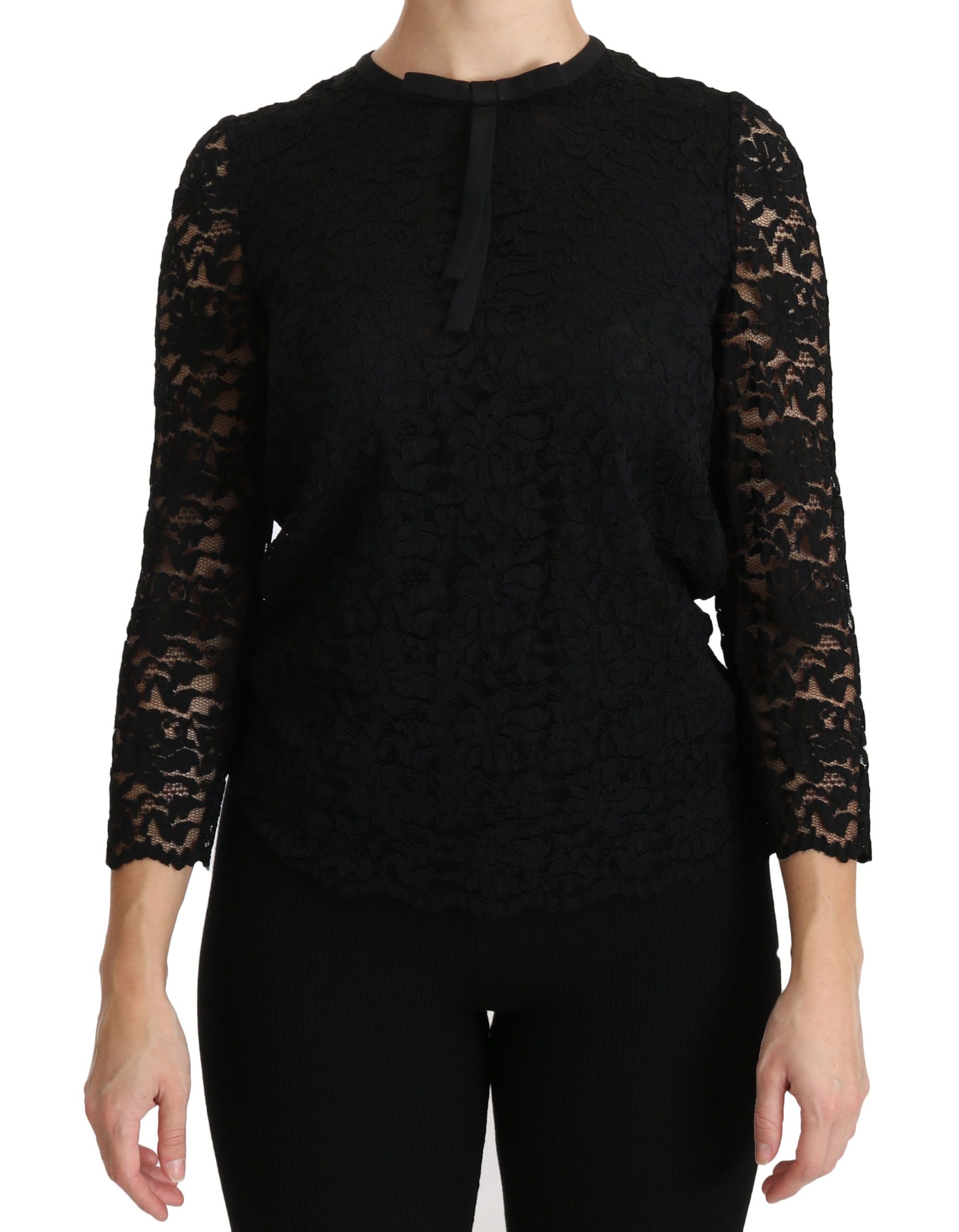 Zwarte kanten blouse met lange mouwen van nylon