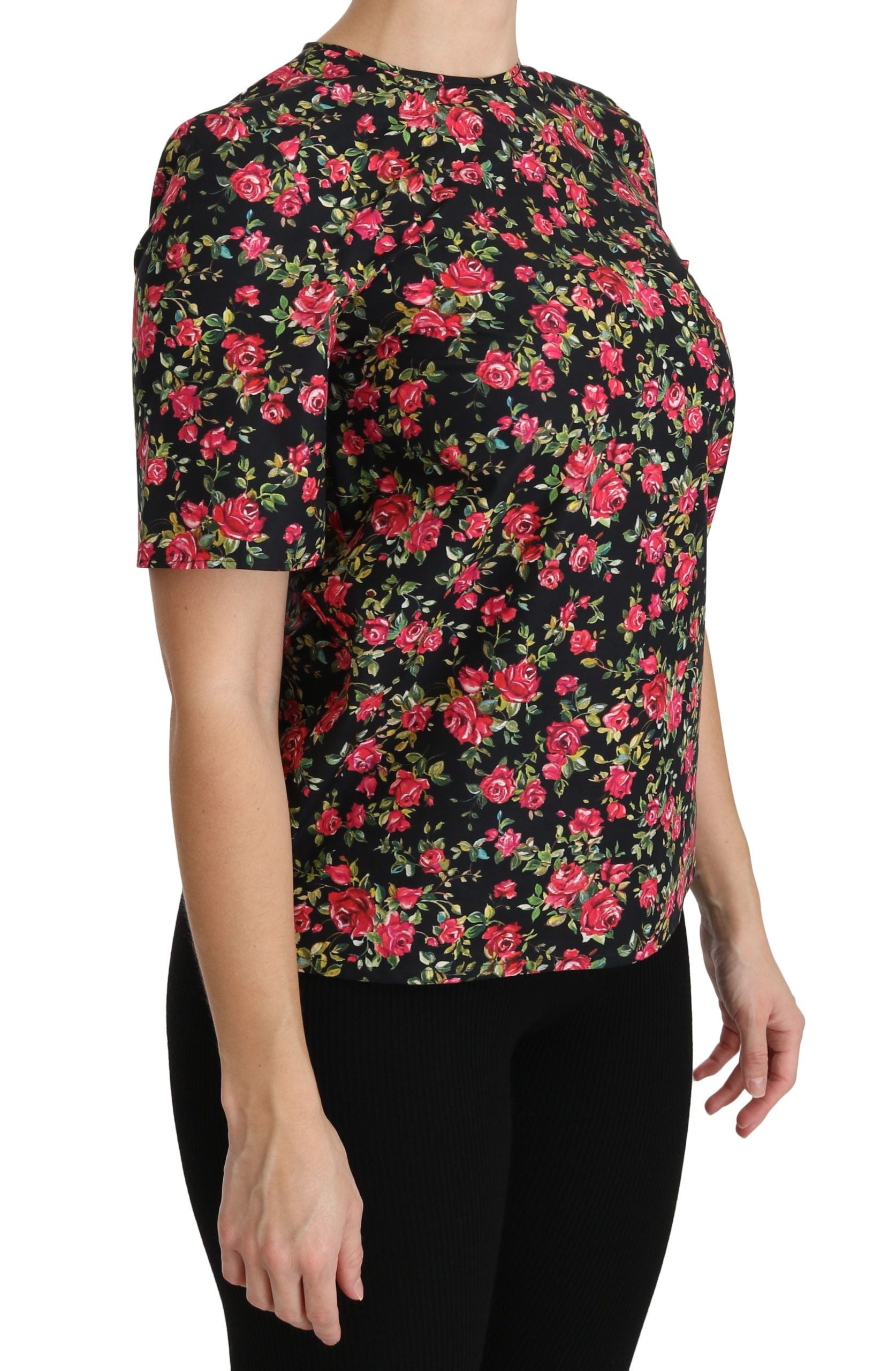 Zwarte blouse met korte mouwen en bloemenprint