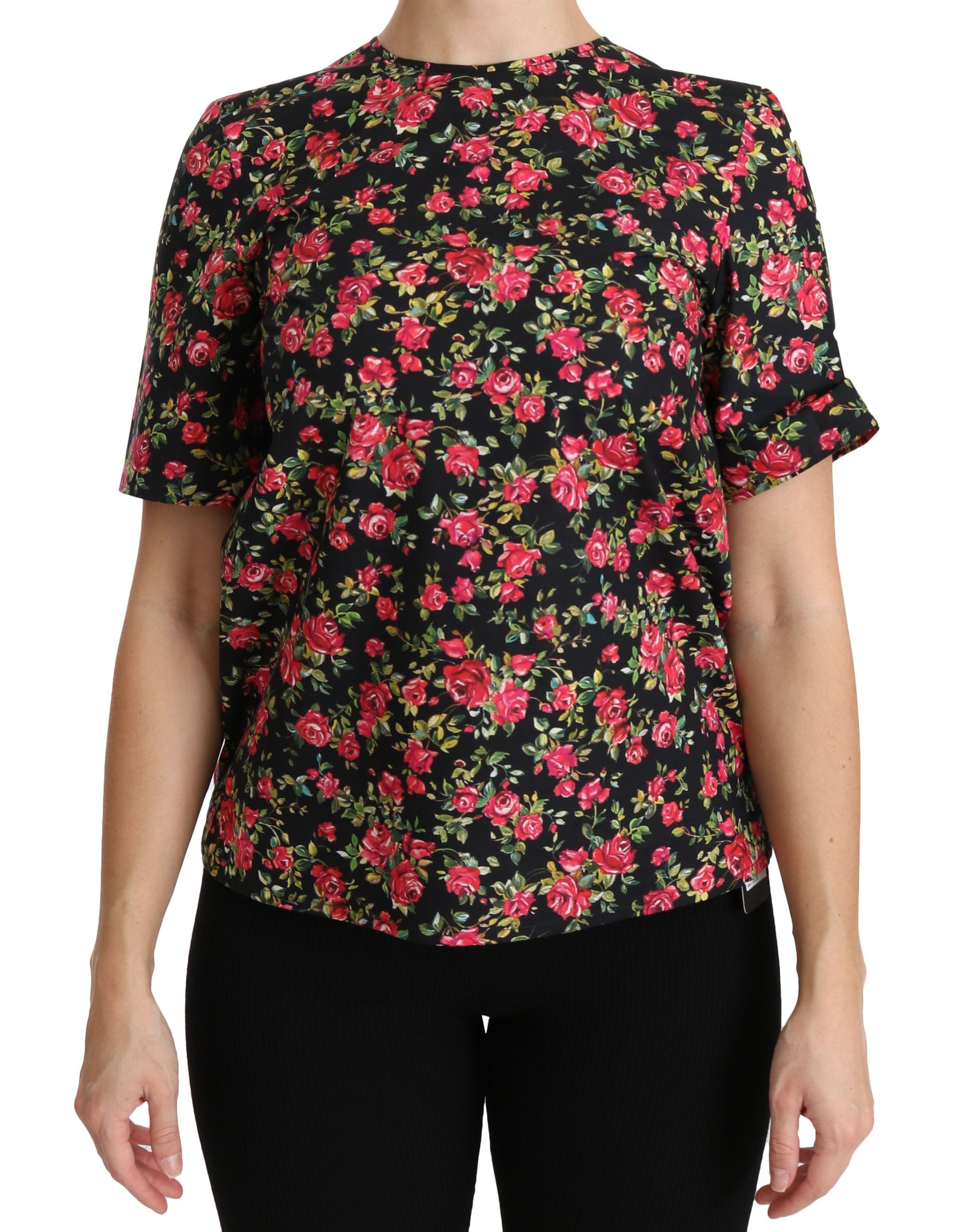 Zwarte blouse met korte mouwen en bloemenprint