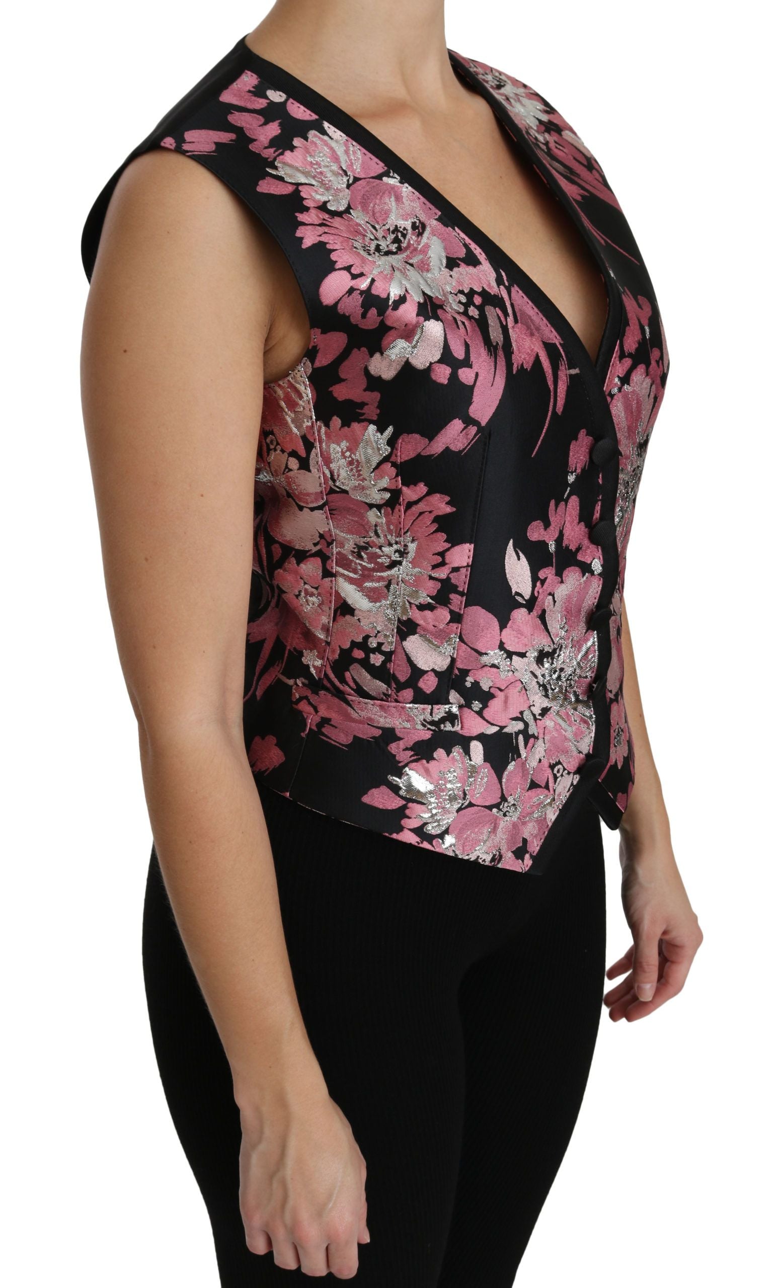 Zwart roze bloemen gilet vest blouse top