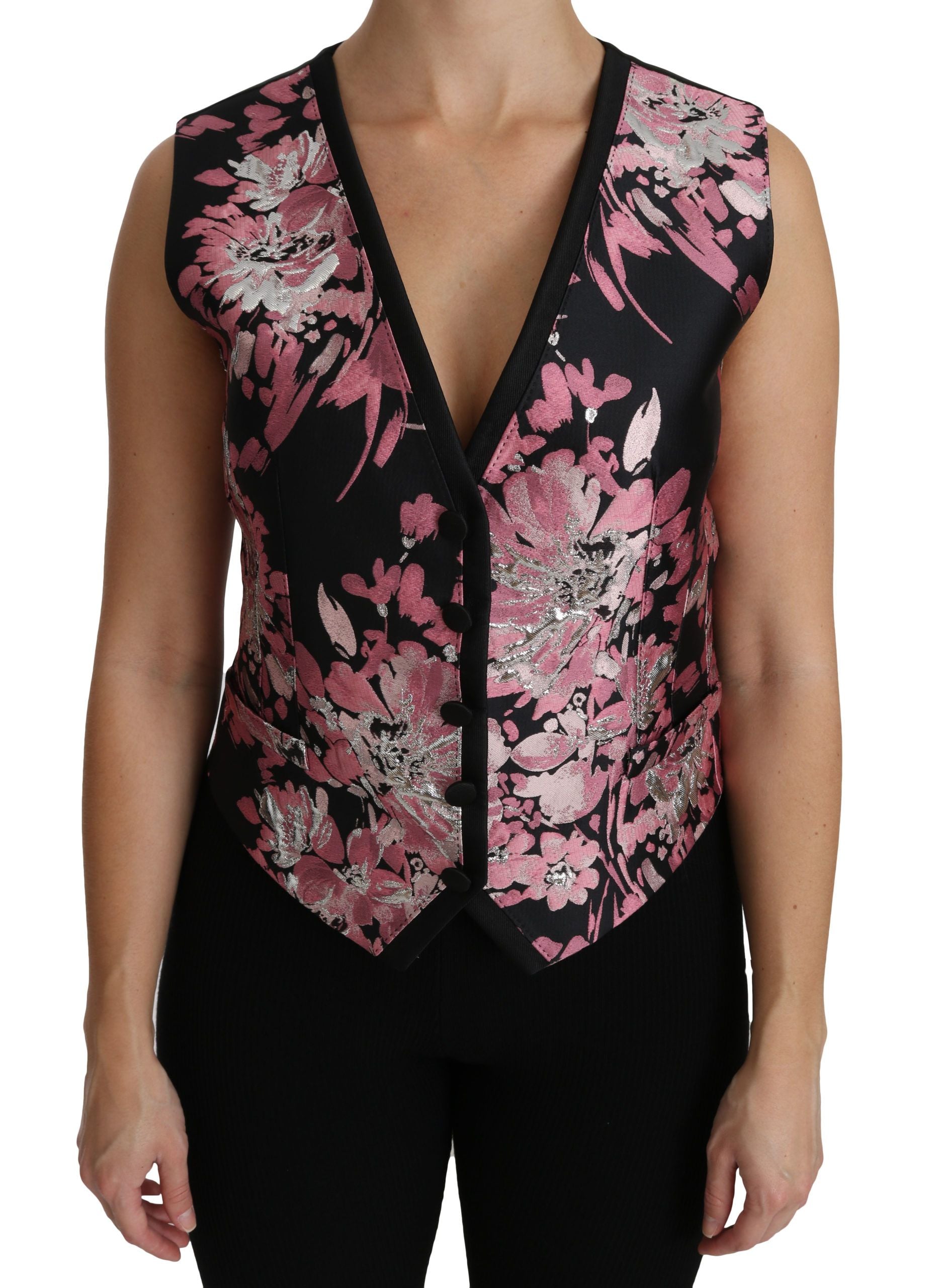 Zwart roze bloemen gilet vest blouse top